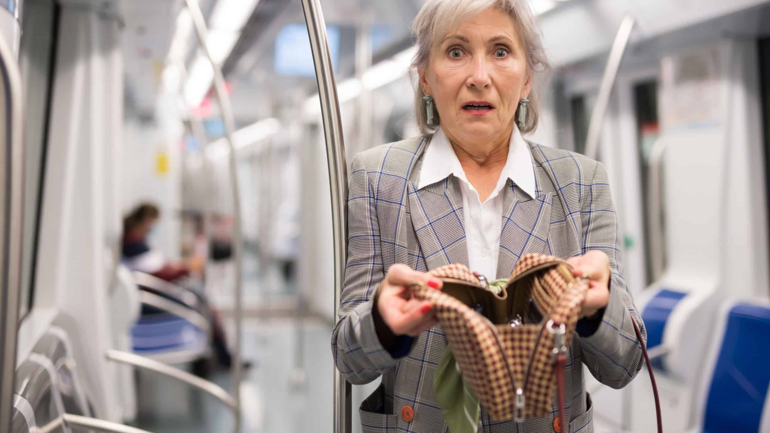 European lady can't find her belongings because they're was stolen from her handbag in subway train.