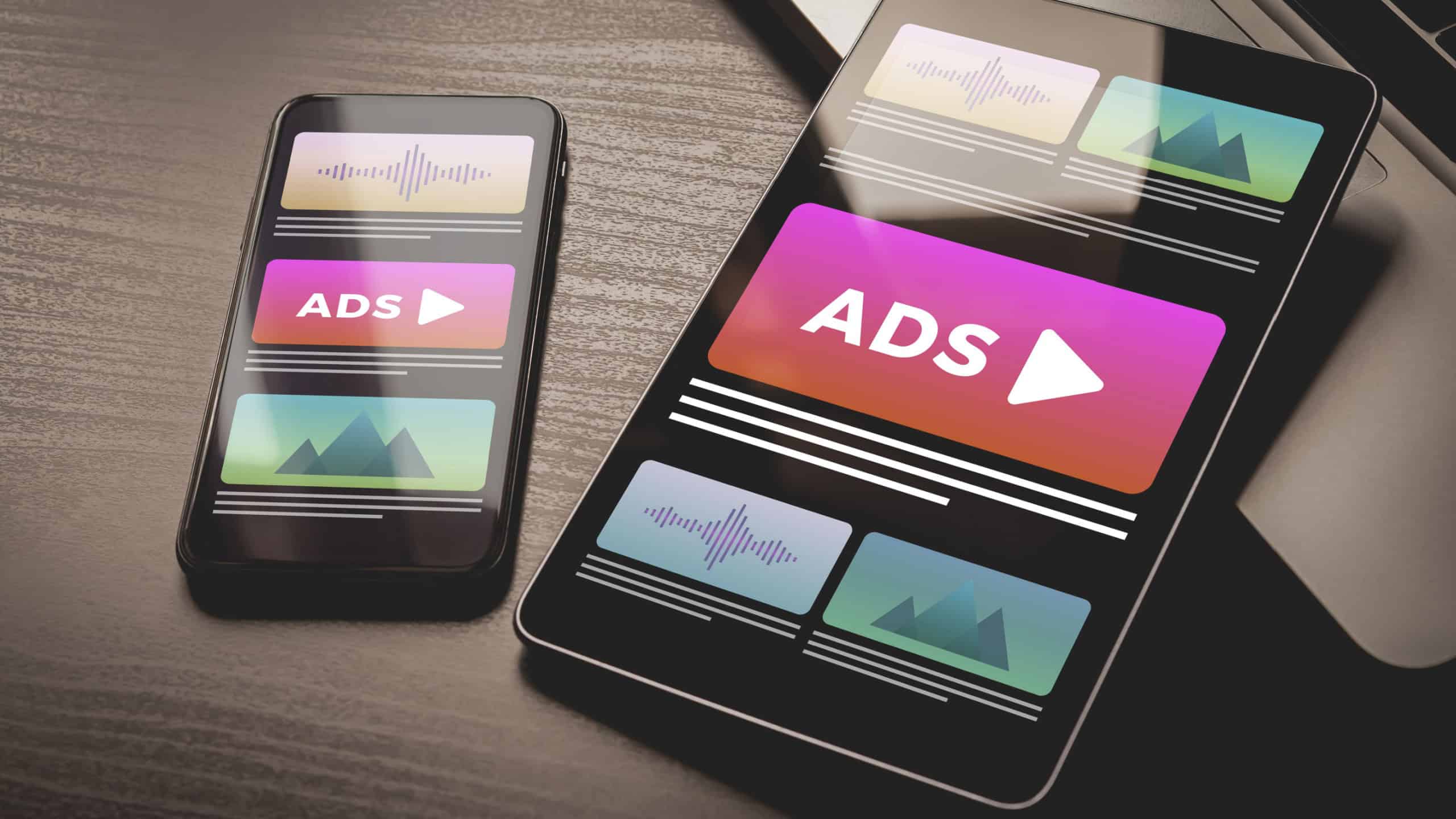 Programmatic Advertising concept. Youtube Online native targeting ads marketing strategy. Inbound Advertising media banner block when viewing a site on a mobile phone and tablet pc screens