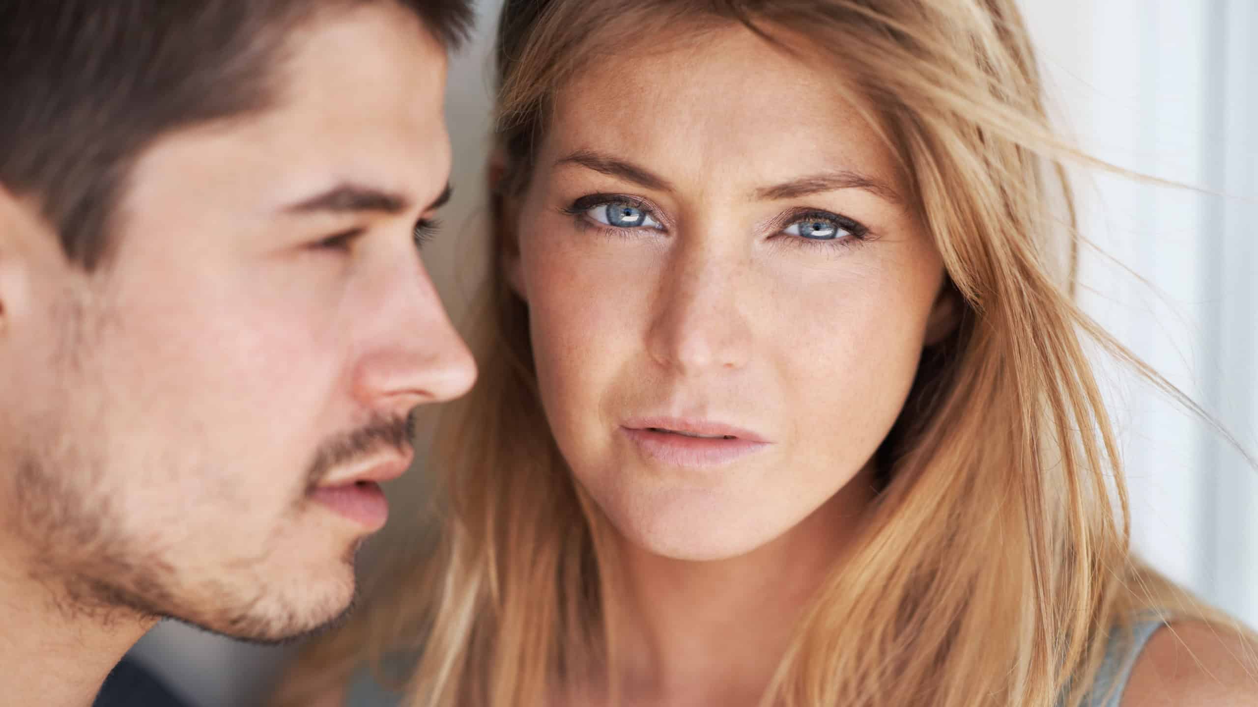 Man, woman and portrait in home by wall with thinking, serious and profile with thinking in morning. Couple, serious and together with memory, connection and relax with love to start day in apartment