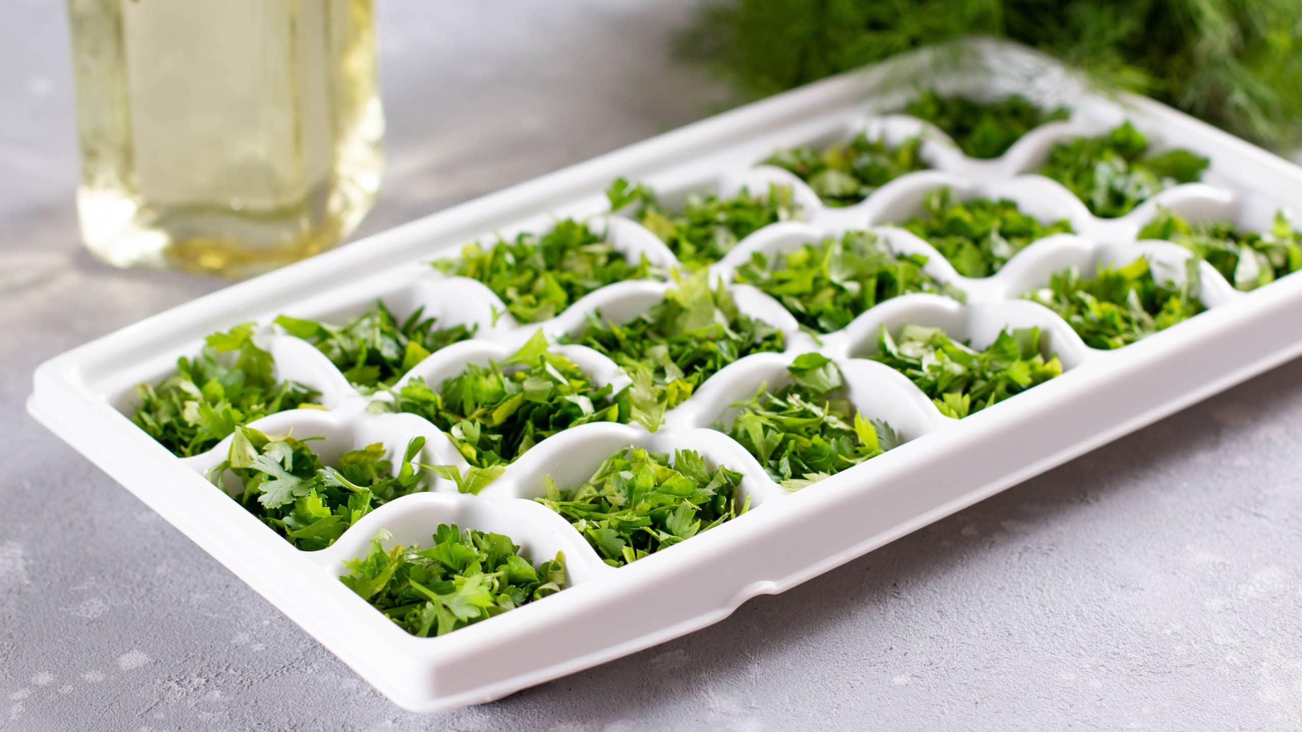Frozen herbs for cooking. Frozen parsley and dill in an ice cube tray