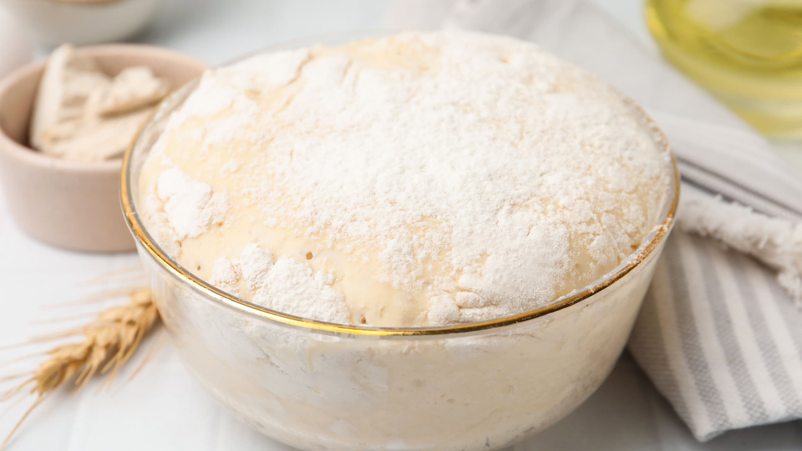 Yeast dough in bowl and ingredients on white table, closeup