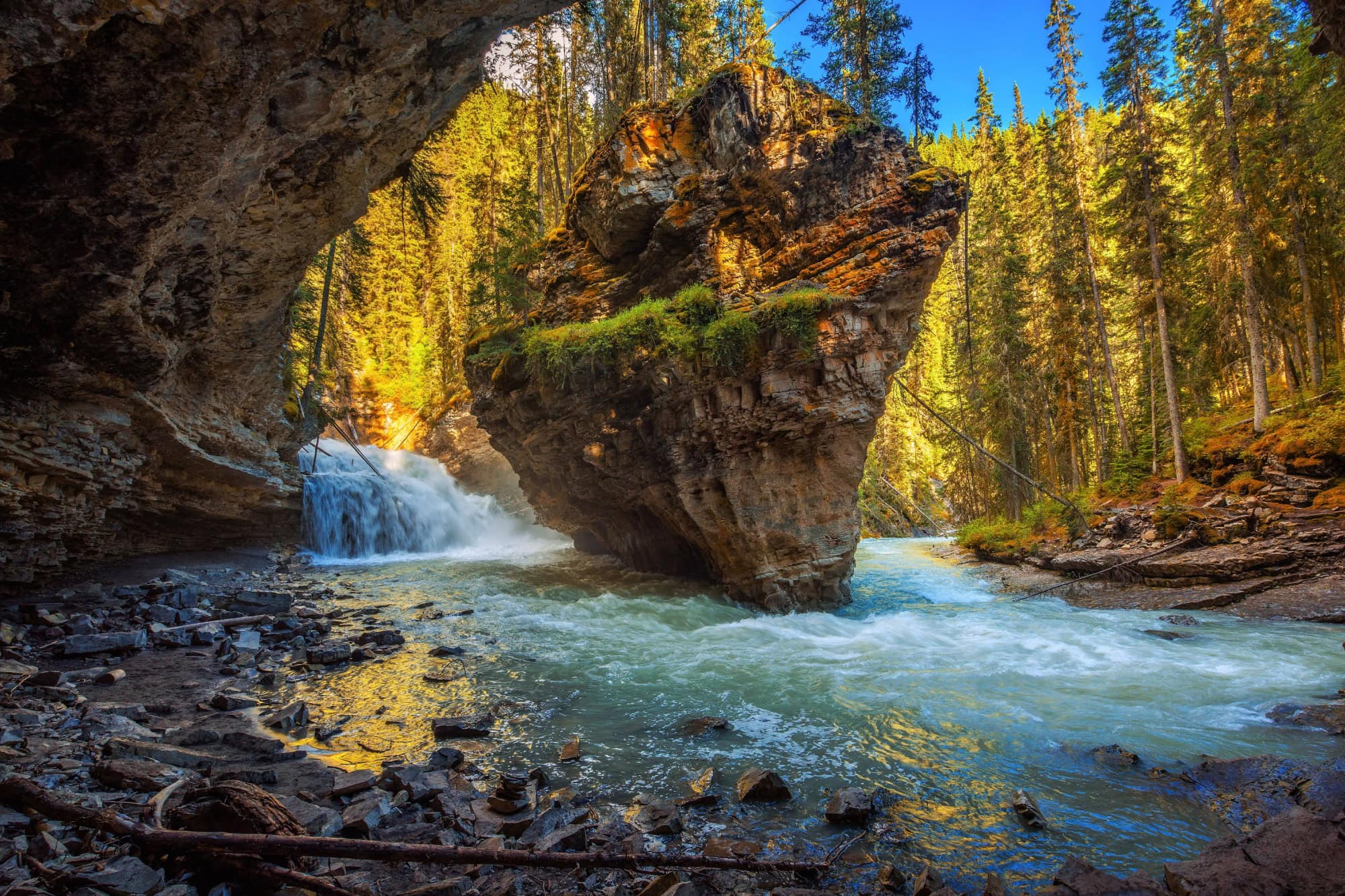 Johnston Creek photographed from a cave. Johnston Creek is a tributary of the Bow River in Banff National Park, Canada