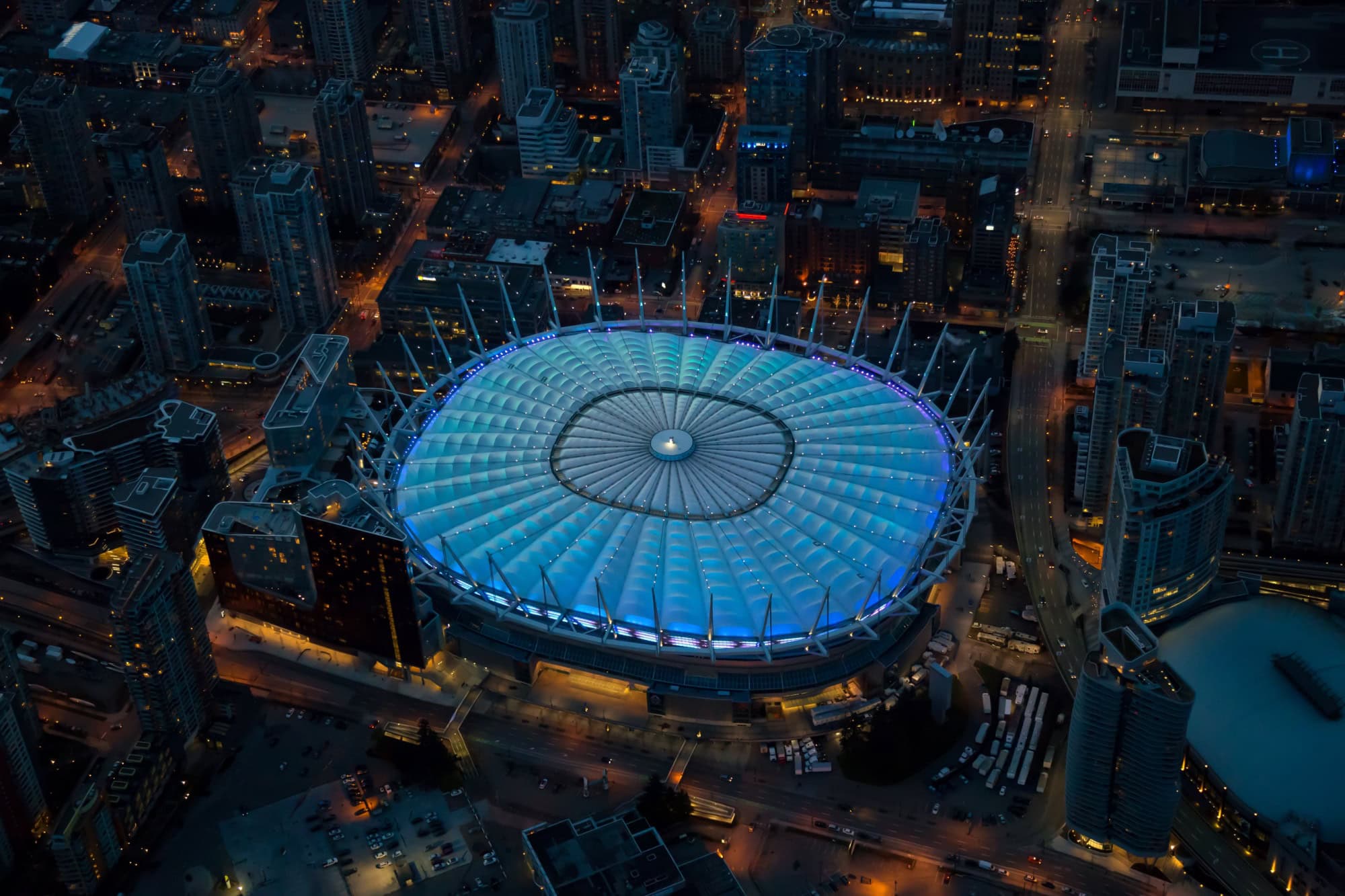 Aerial view of BC Stadium in Downtown City during night time.