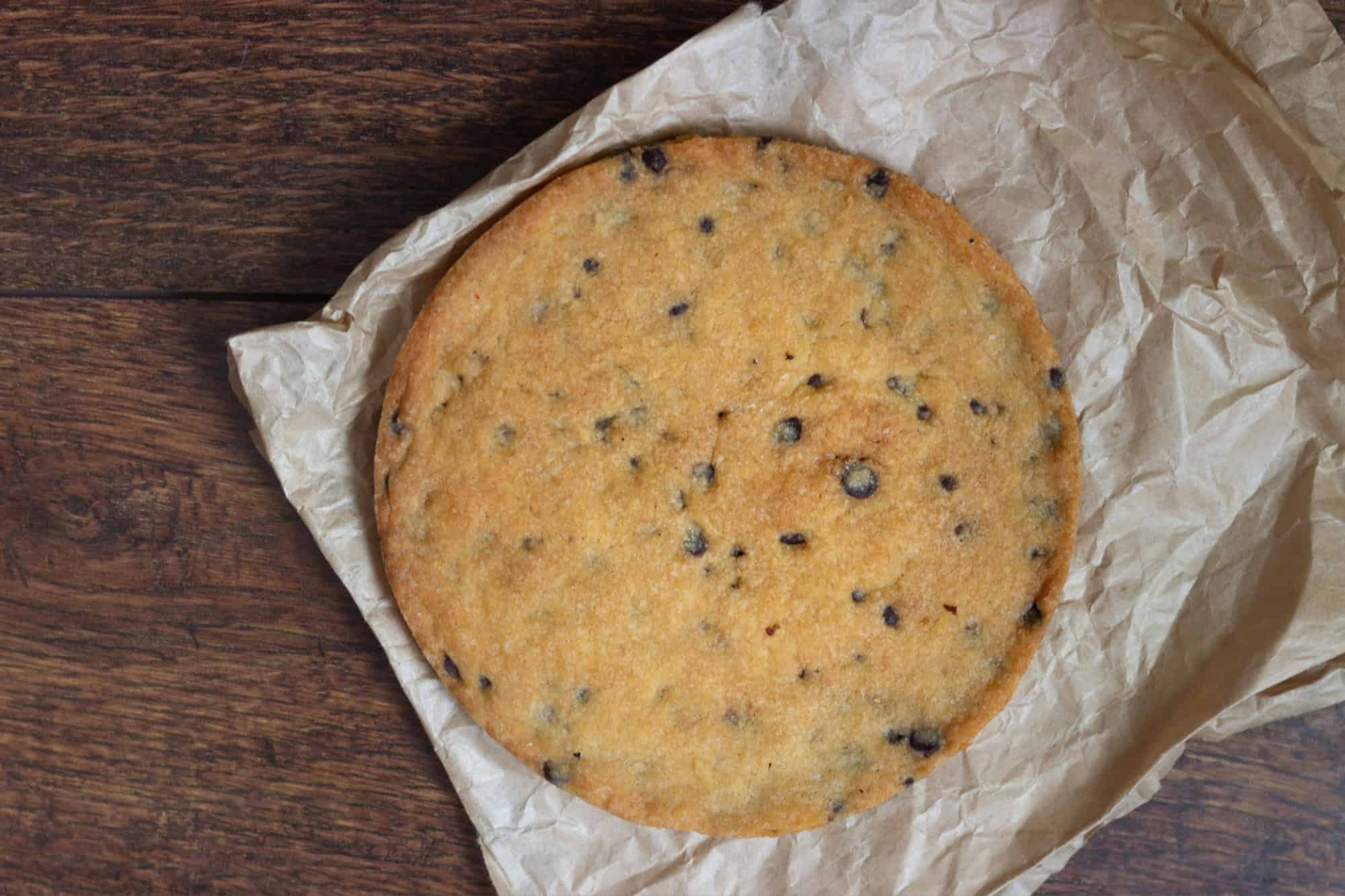 Homemade giant chocolate chunk cookie.