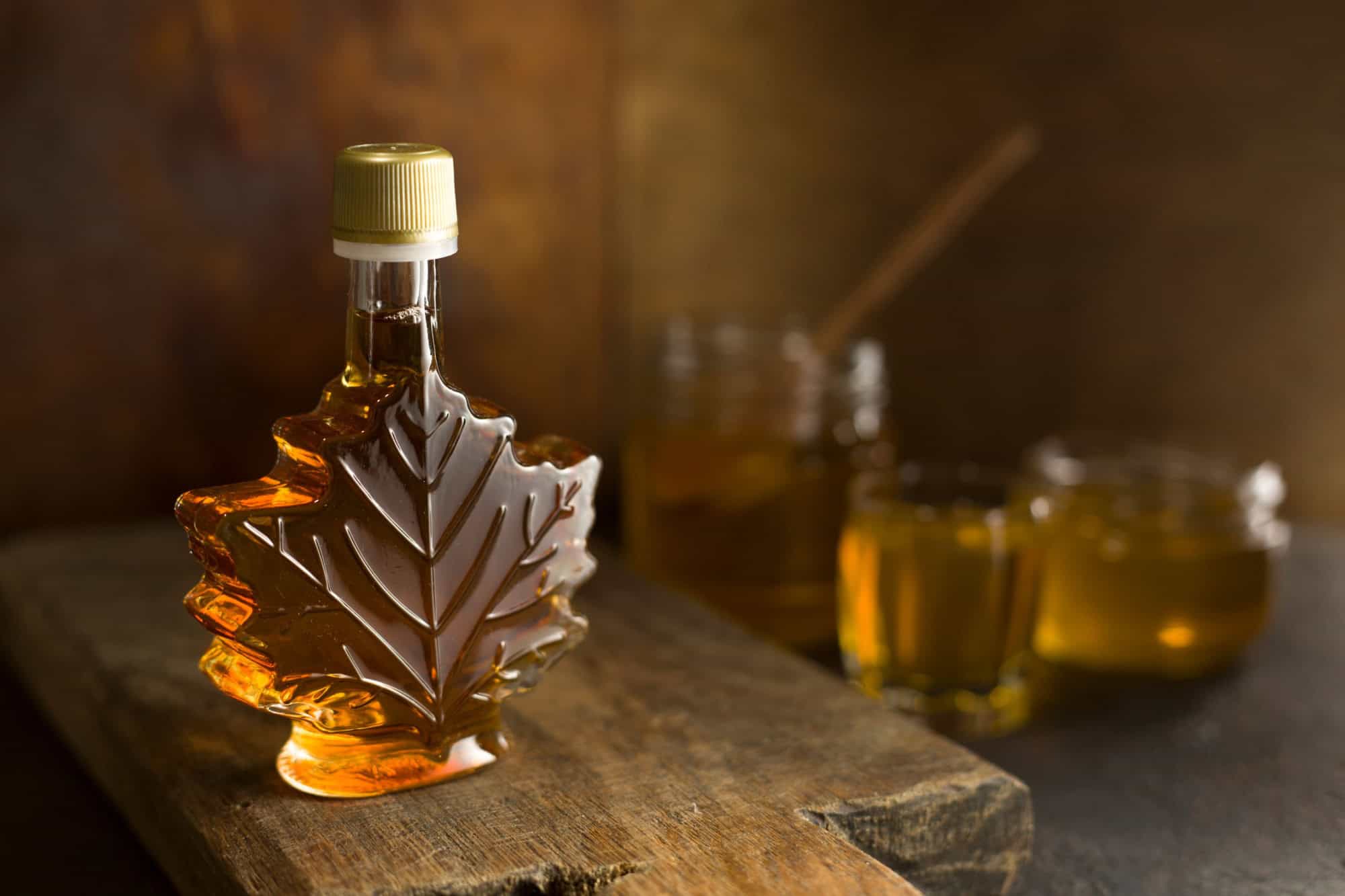 Maple Canadian syrup in a glass bottle.