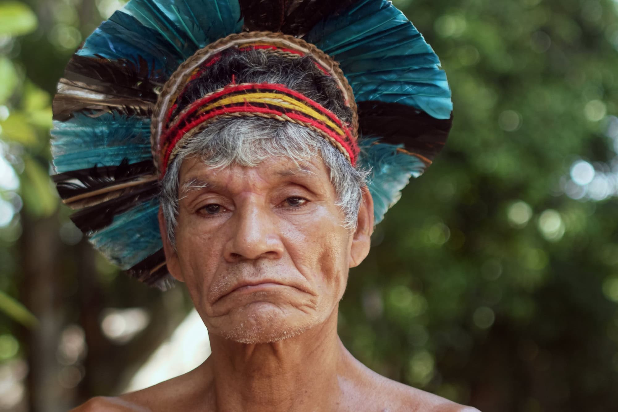 Indian from the Pataxó tribe, with feather headdress. Brazilian Indian.