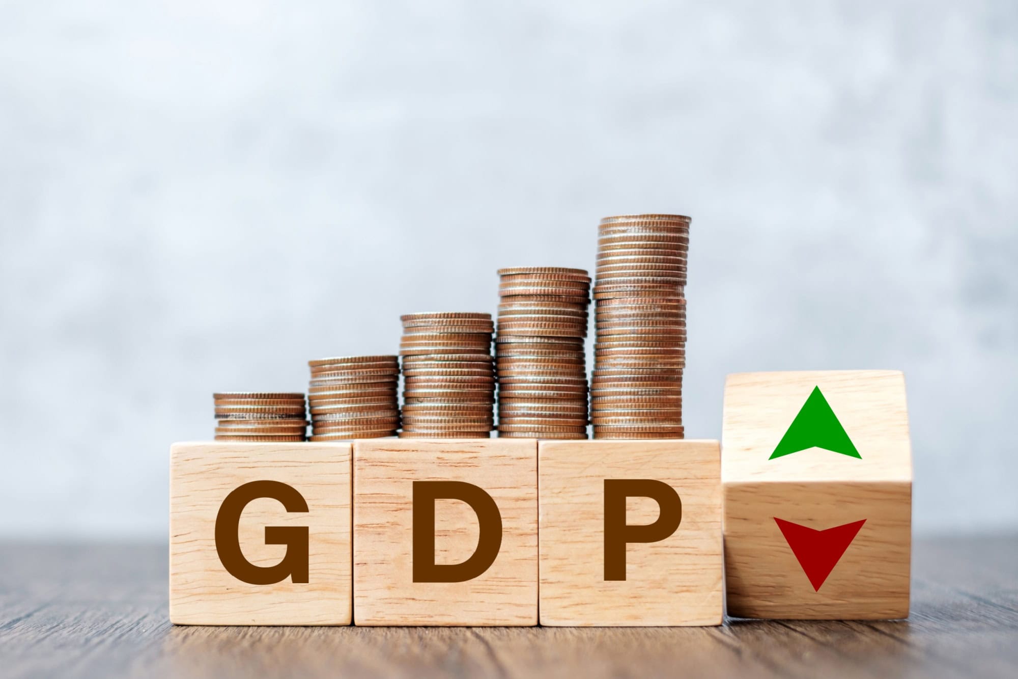 GDP block with Coins stack and UP and Down arrow symbol icon. Gross domestic product, Financial, Management, Economic, Inflation, recession and Money concepts