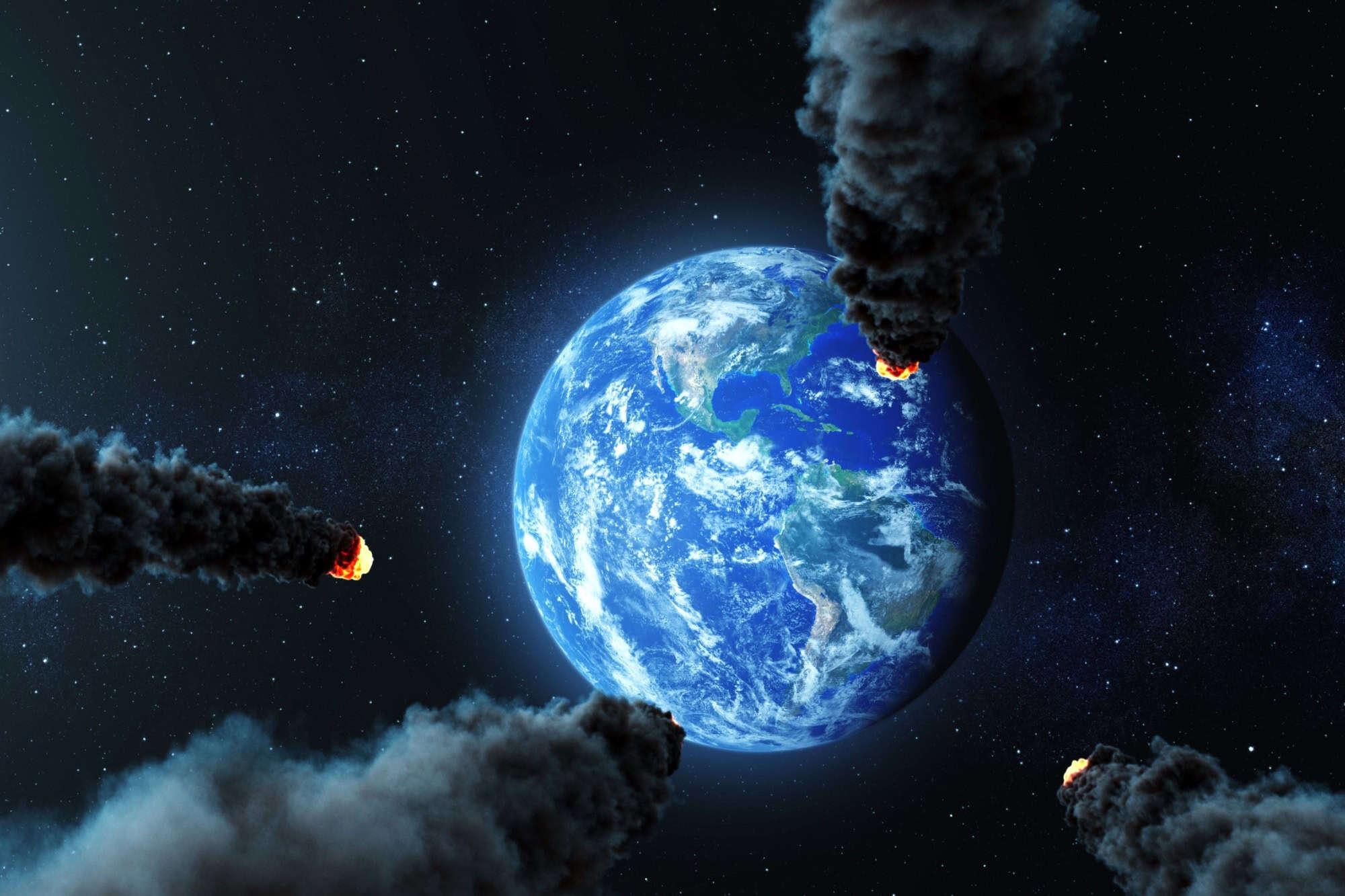 3d rendering,Multiple asteroids Heading planet earth, 2022, outer space view