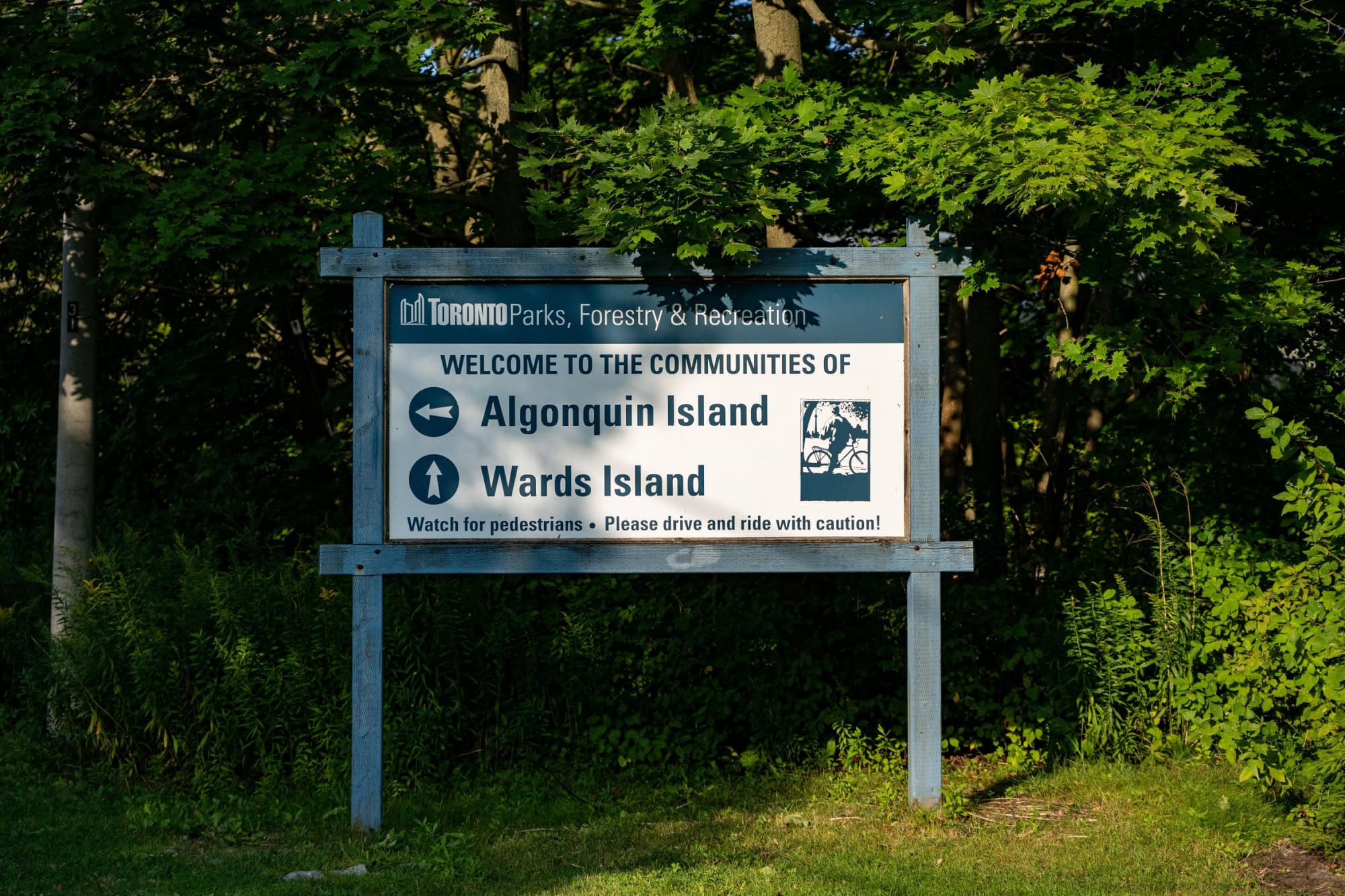 Signs for Algonquin Island and Wards Island in the Toronto Islands. Toronto, Canada