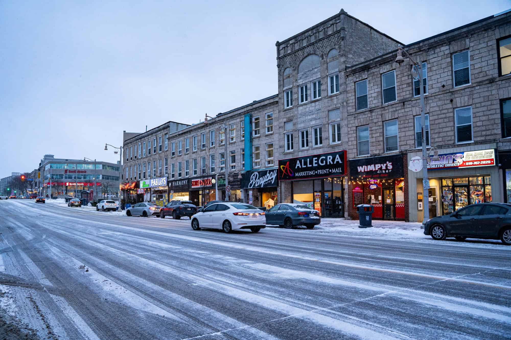 View of the streets of Guelph, Ontario in winter. Guelph, Canada