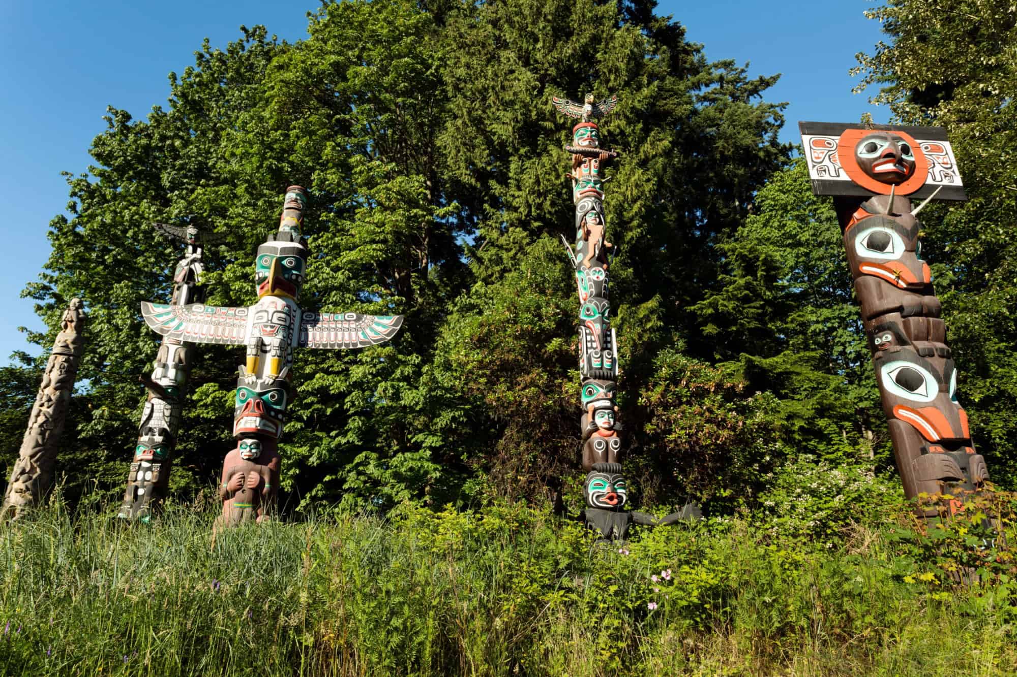 The First Nations indigenous native totem poles of Stanley Park located in the city of Vancouver, British Columbia, Canada.