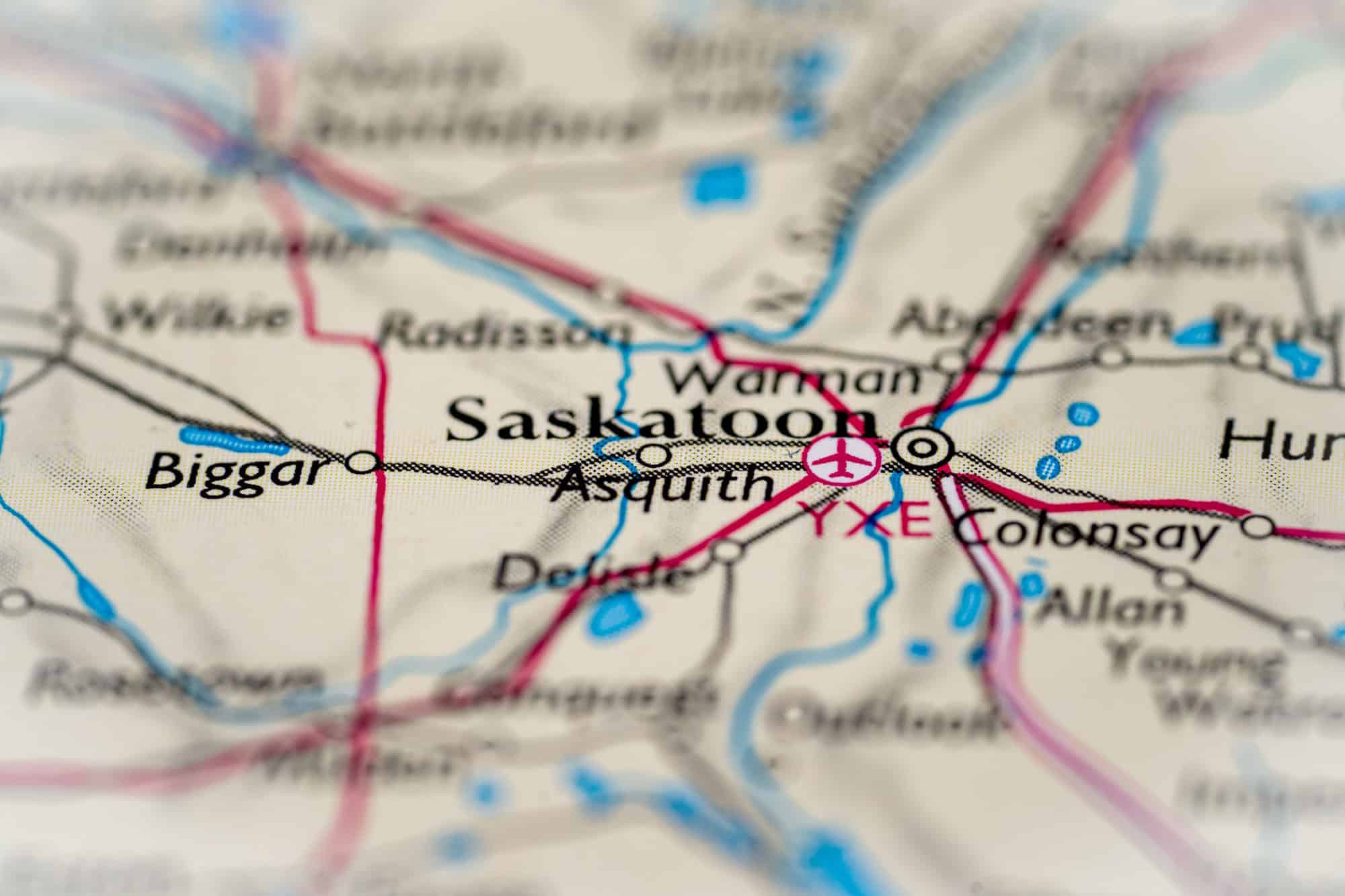 Saskatoon, Canada highlighted on a world map.