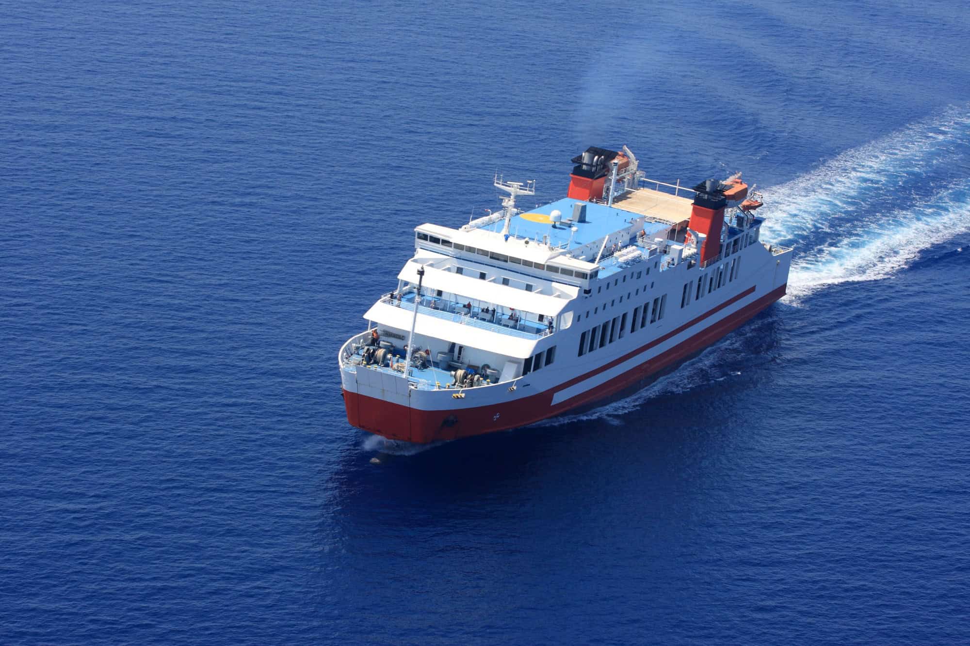 Aerial view of passenger ferry boat in open waters
