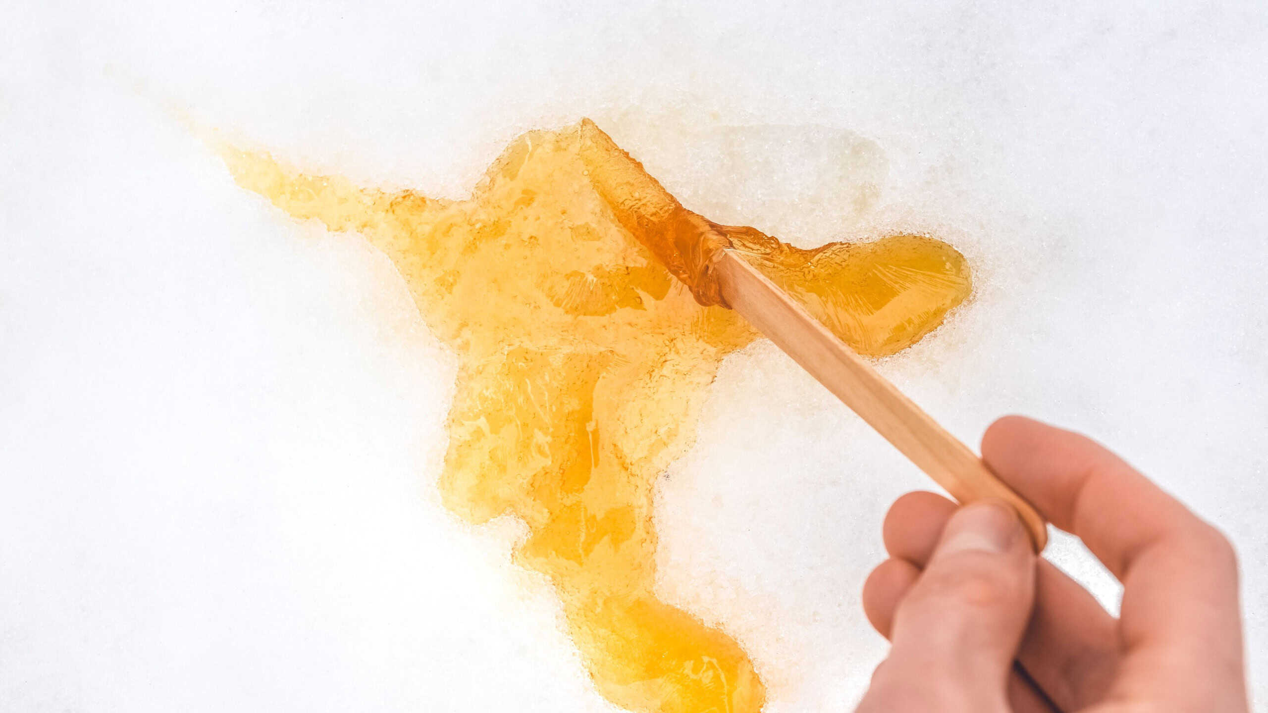 Sweet maple taffy on white snow. Hot maple taffy gets caramelized after being poured on cold snow.