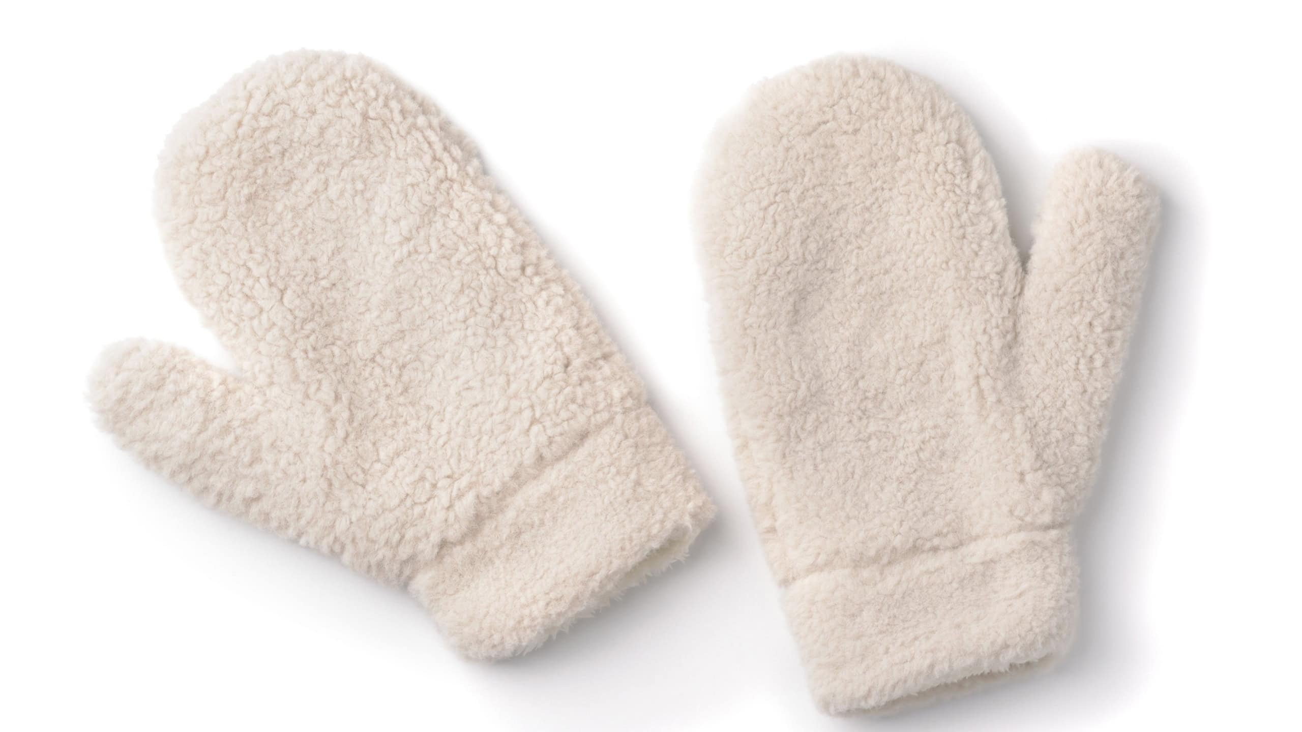 Top view of fluffy faux fur winter mittens