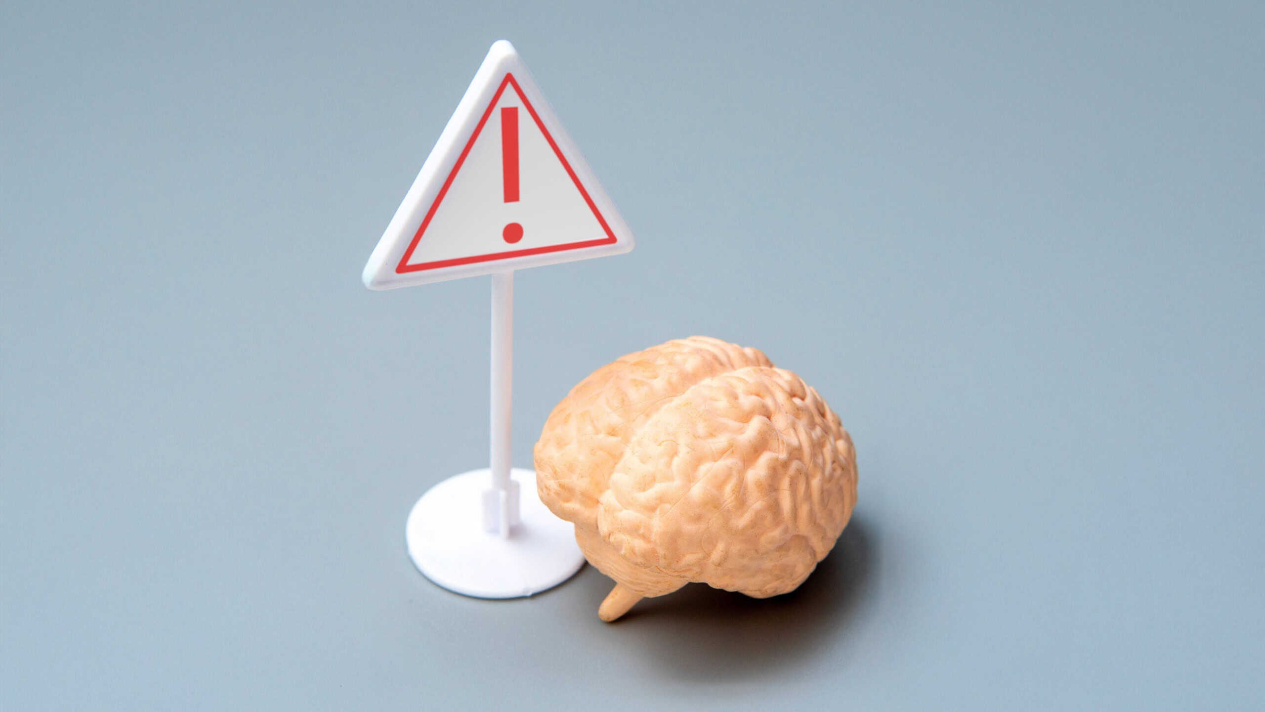 A brain model with a warning sign. Brain health and the potential risks concept.