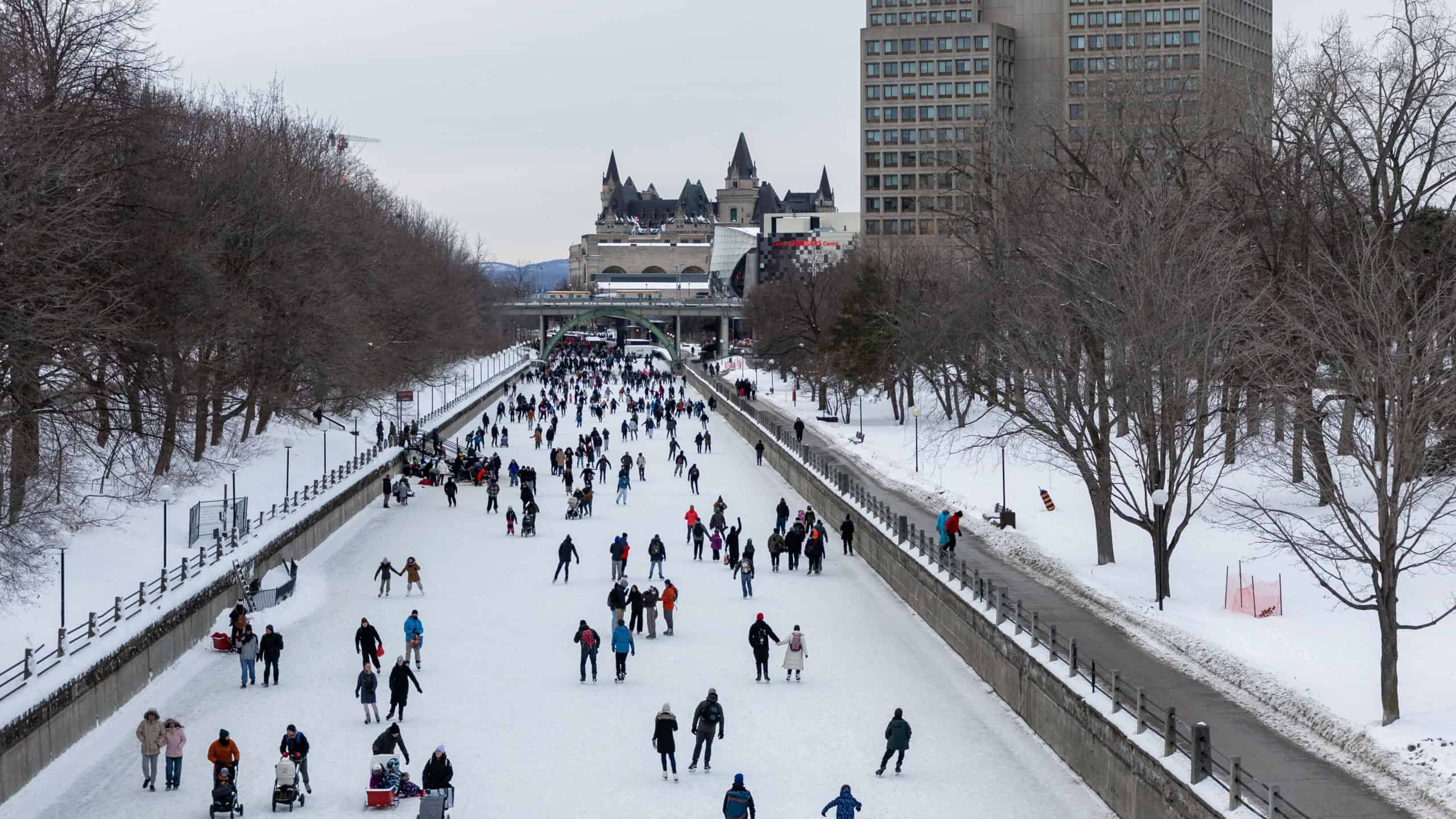 People skating on Rideau Canal in winter.