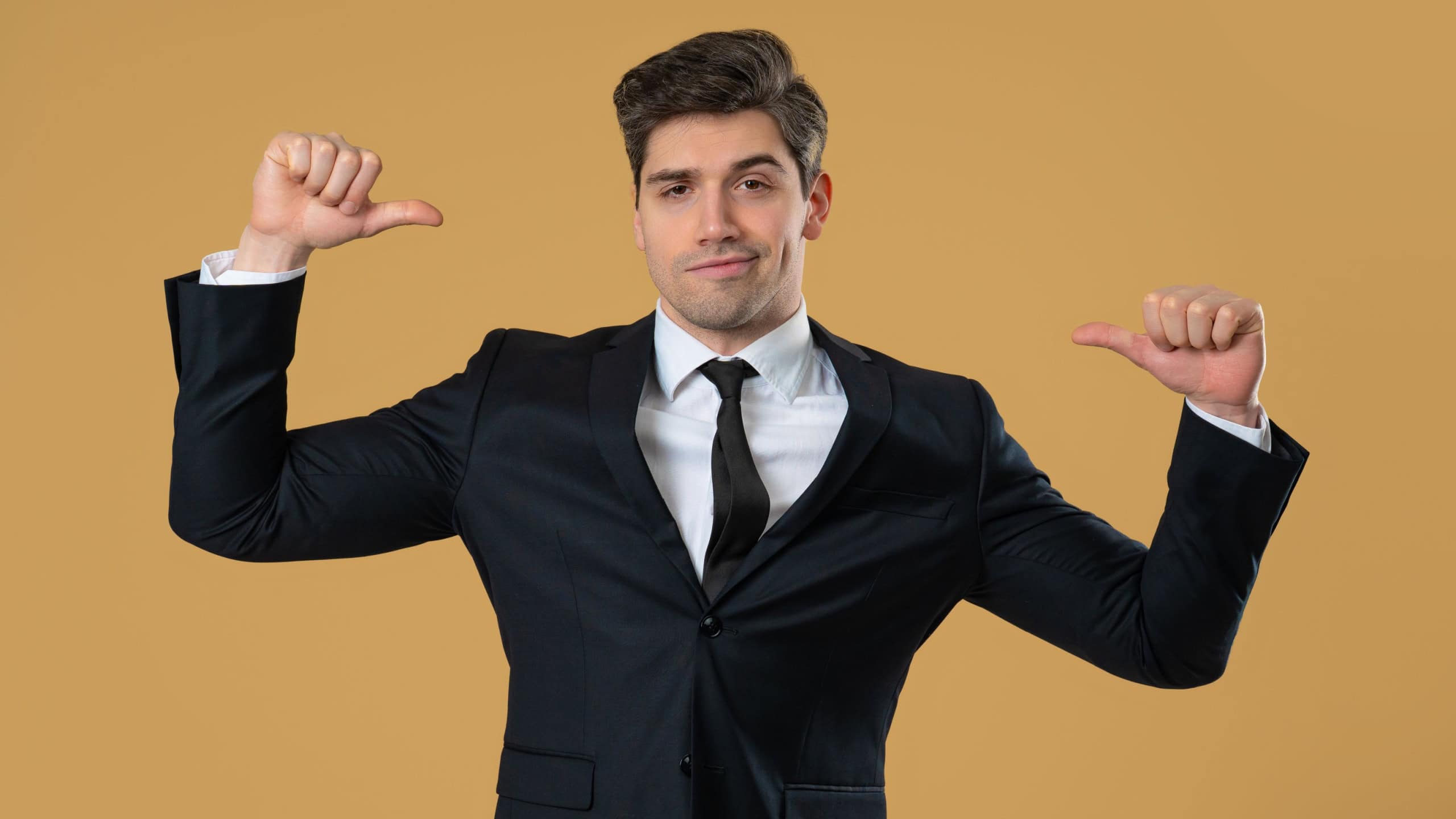 Male corporate figure gestures toward his chest with cocky smile, radiating self-importance and dominance. Great for business attitude themes, self-promotion, satire or branding
