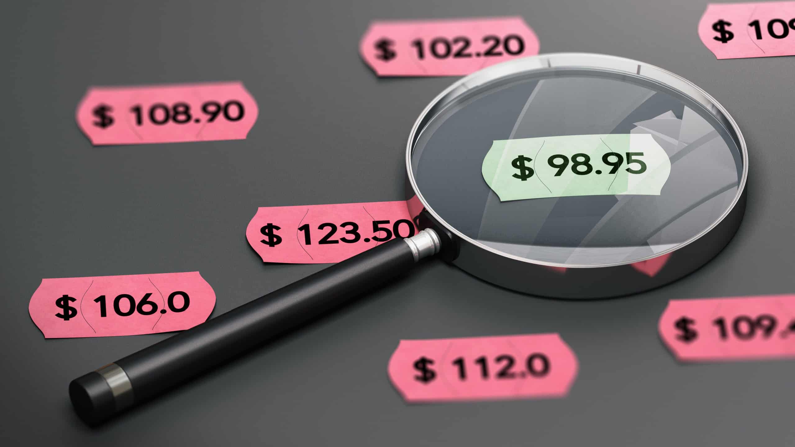 3d illustration of a magnifying glass over black background with price tags and focus on the cheapest one.