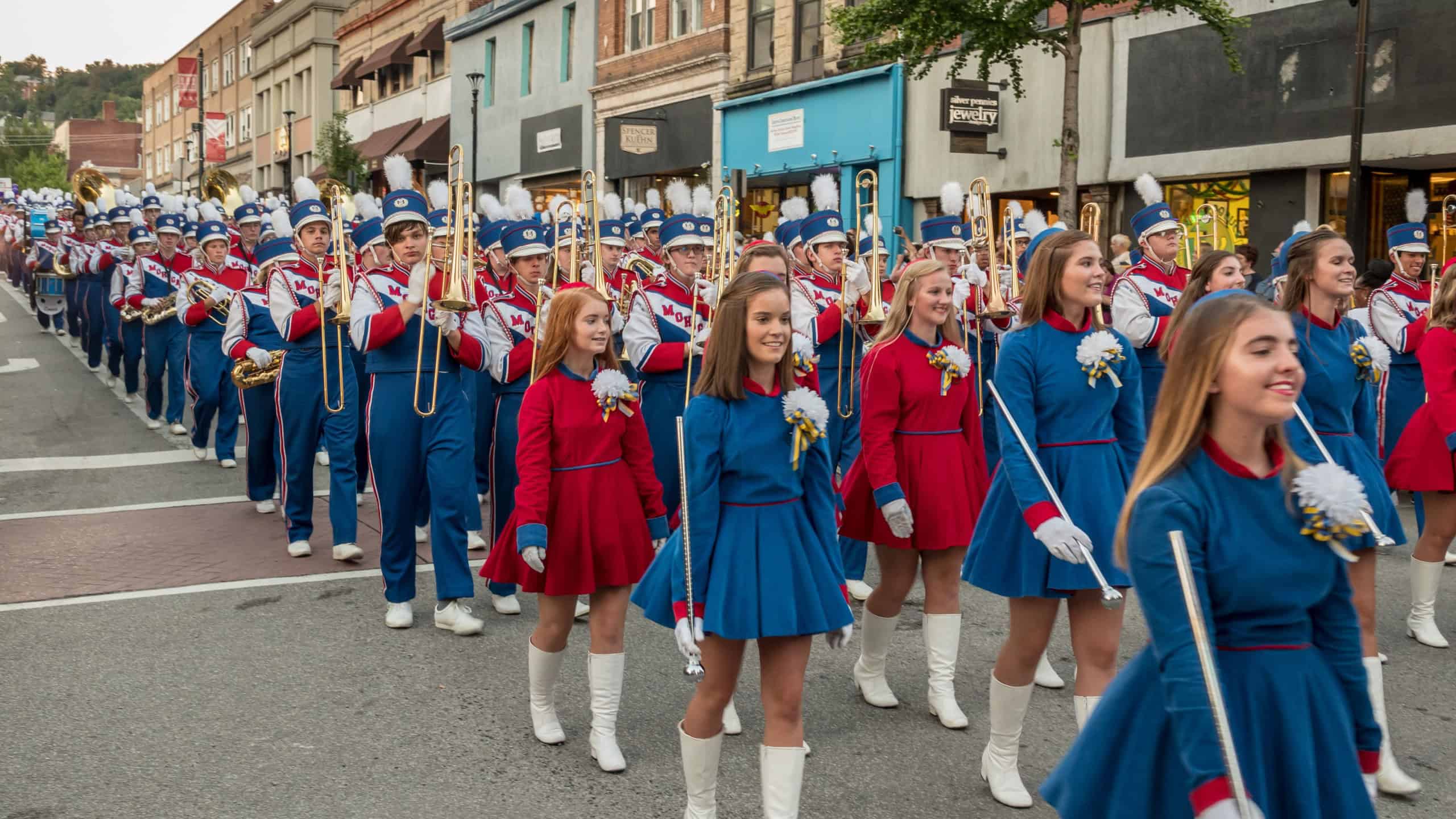 Homecoming parade down Main Street of Morgantown with High School cheer leaders