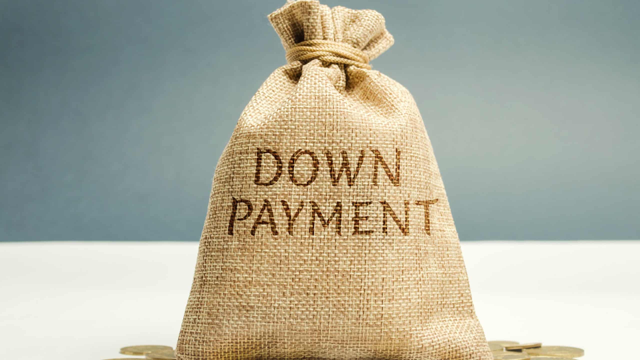 Money bag with the word down payment. Payment used in the context of the purchase of expensive items such as a car and a house, whereby the payment is the initial upfront portion of the total amount