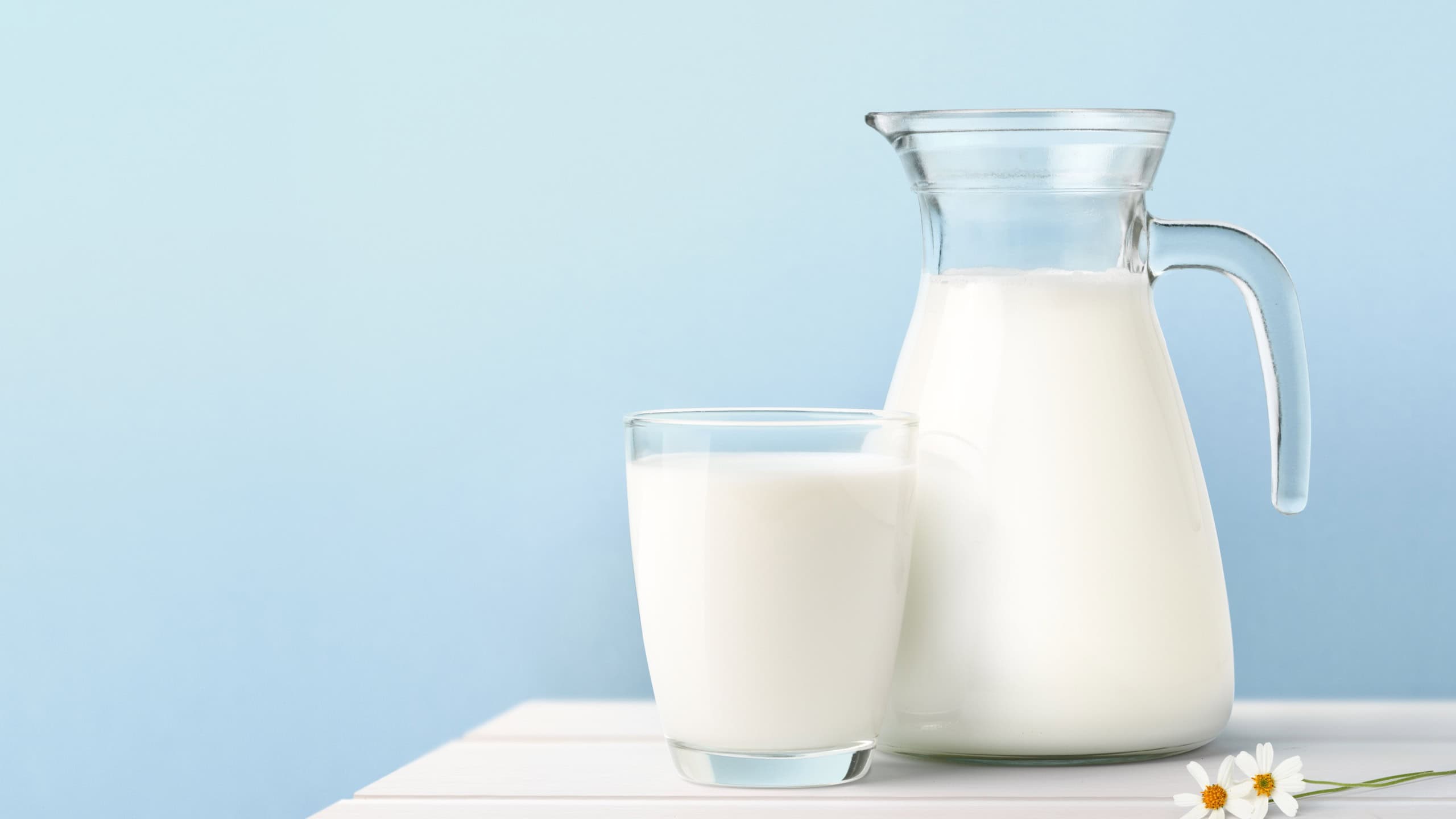 Glass and Jug of fresh milk on white wooden table.