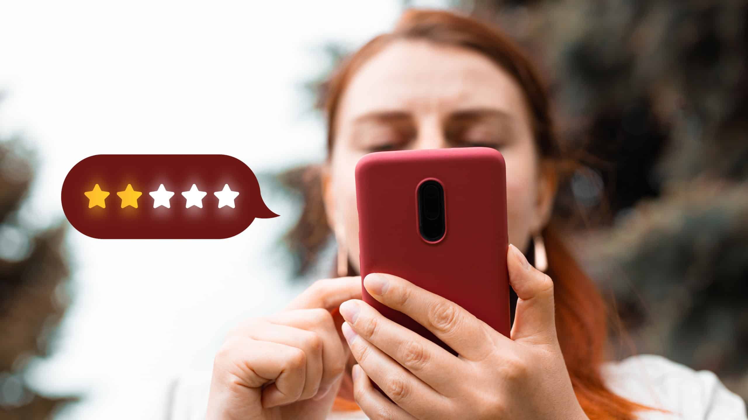 Disappointed woman customer giving low rating and negative feedback in survey, poll or questionnaire.