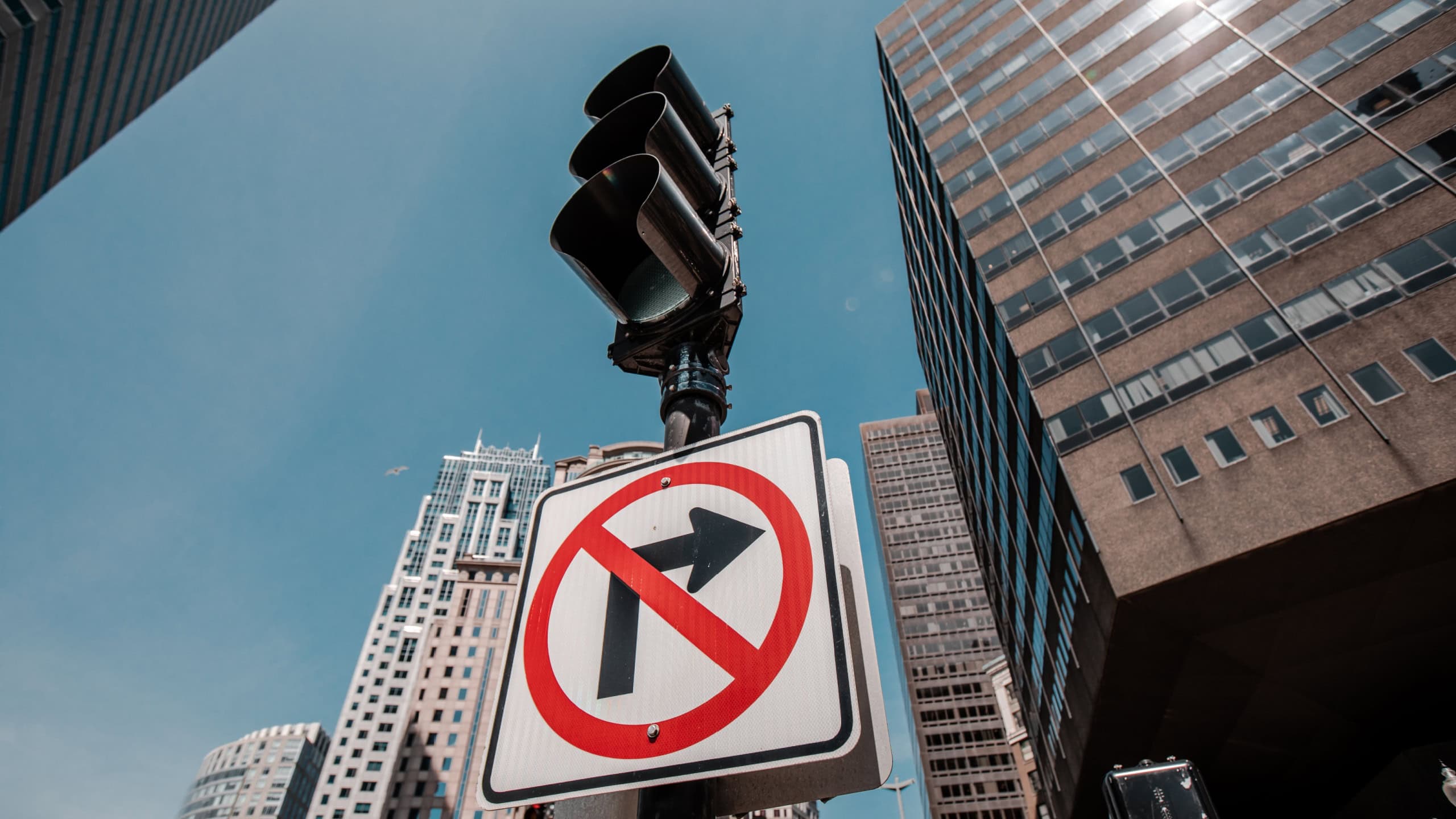 Right turn prohibition signs and traffic lights in Boston, USA.