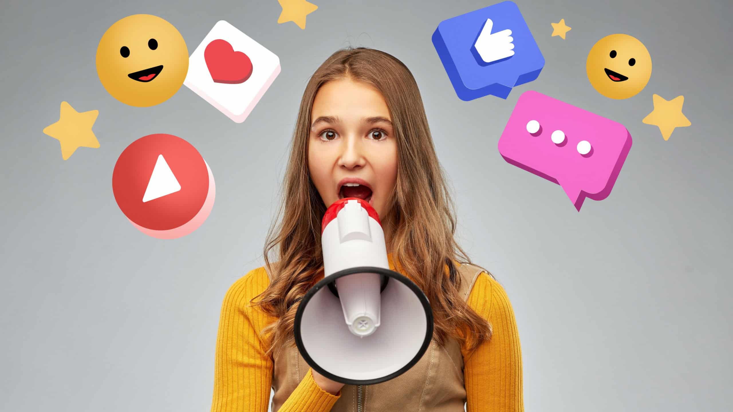 Communication, social media and people concept - teenage girl speaking to megaphone over internet icons on grey background
