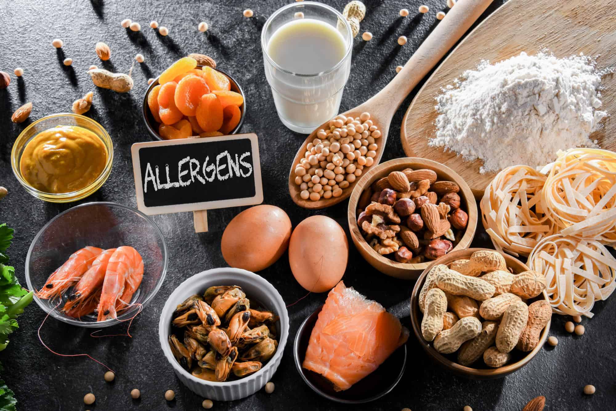 Composition with common food allergens including egg, milk, soya, nuts, fish, seafood, wheat flour, mustard, dried apricots and celery