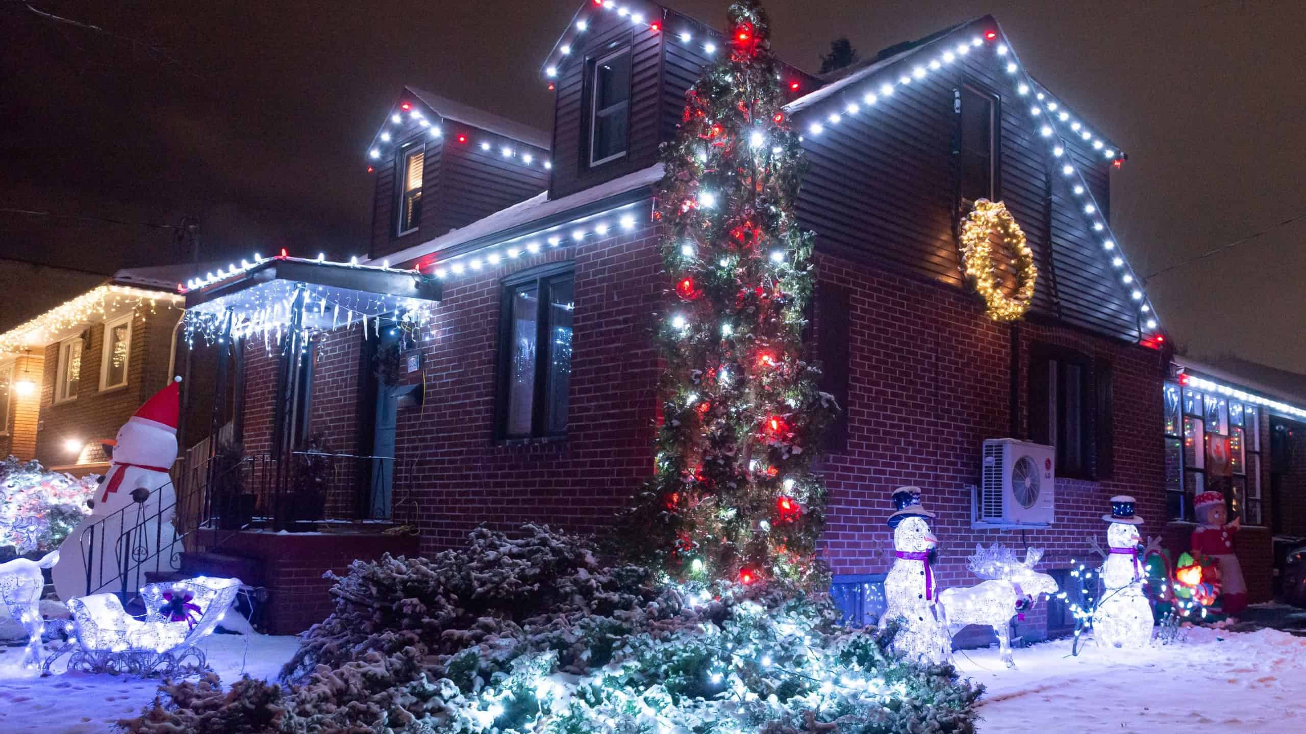Toronto, Ontario, Canada - December 10, 2022: View the house decorated with lights for Christmas