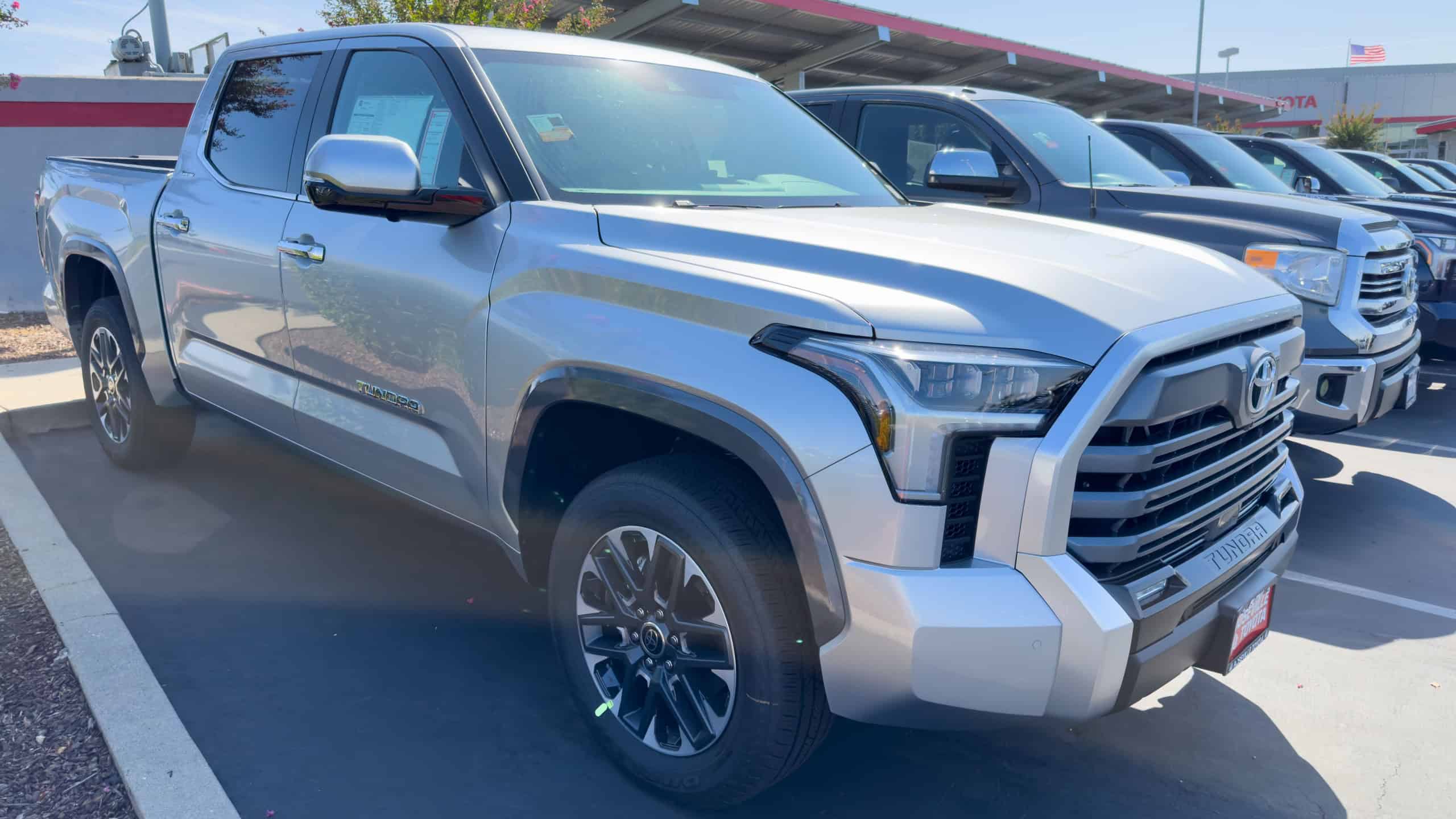 Los Angeles, CA - September 9, 2023: New grey large cab Toyota Tundra pickup truck on a dealership lot.