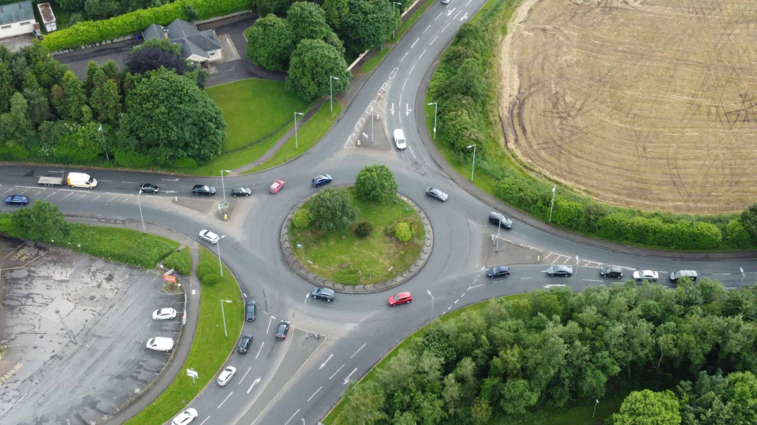 A drone shot of a roundabout