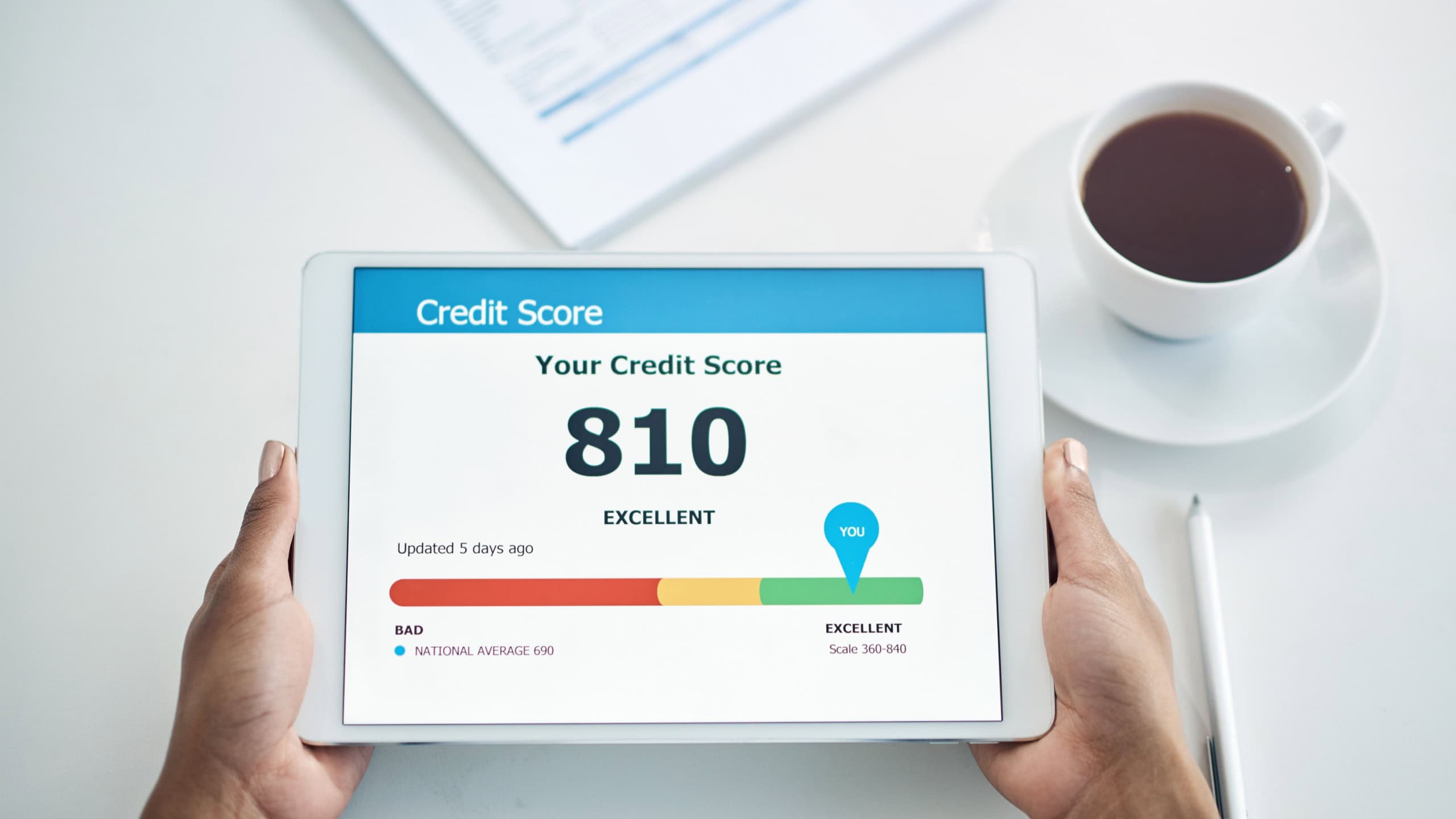 Tablet, hands and credit score app with financial ranking for loan interest rate or insurance approval. Office, technology and screen with statistics, graphs and info for budget and bank planning