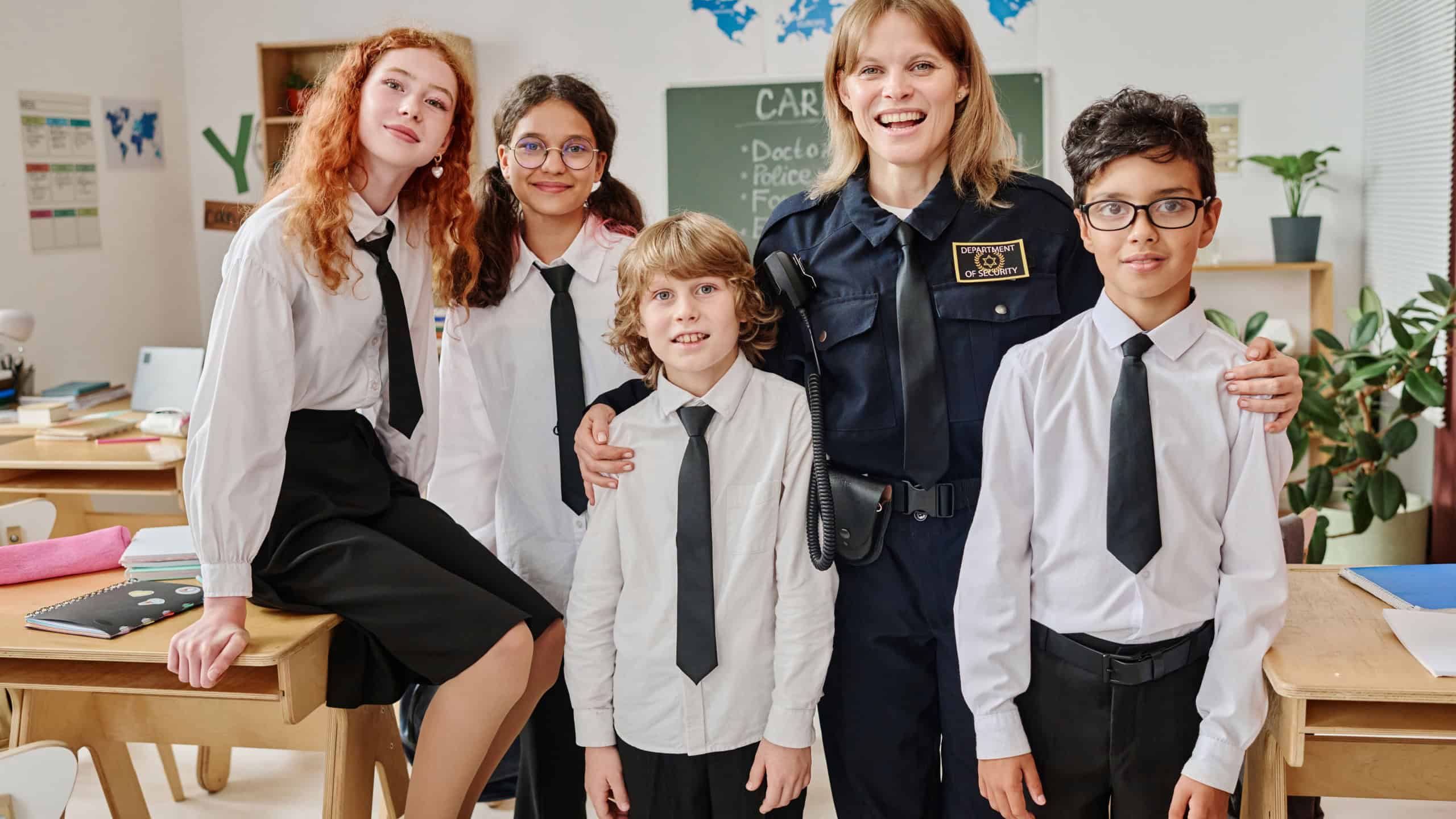 Medium long shot of cheerful female police officer and group of teen boys and girls posing for portrait in classroom on career day