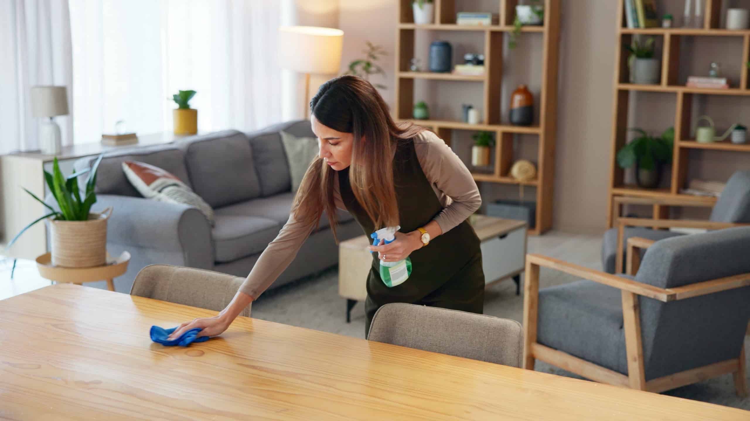 Cloth, cleaning with woman with bottle in home for housekeeping, hygiene and maintenance on weekend. Surface, bacteria and female person with detergent in house for sanitation, germs and disinfection