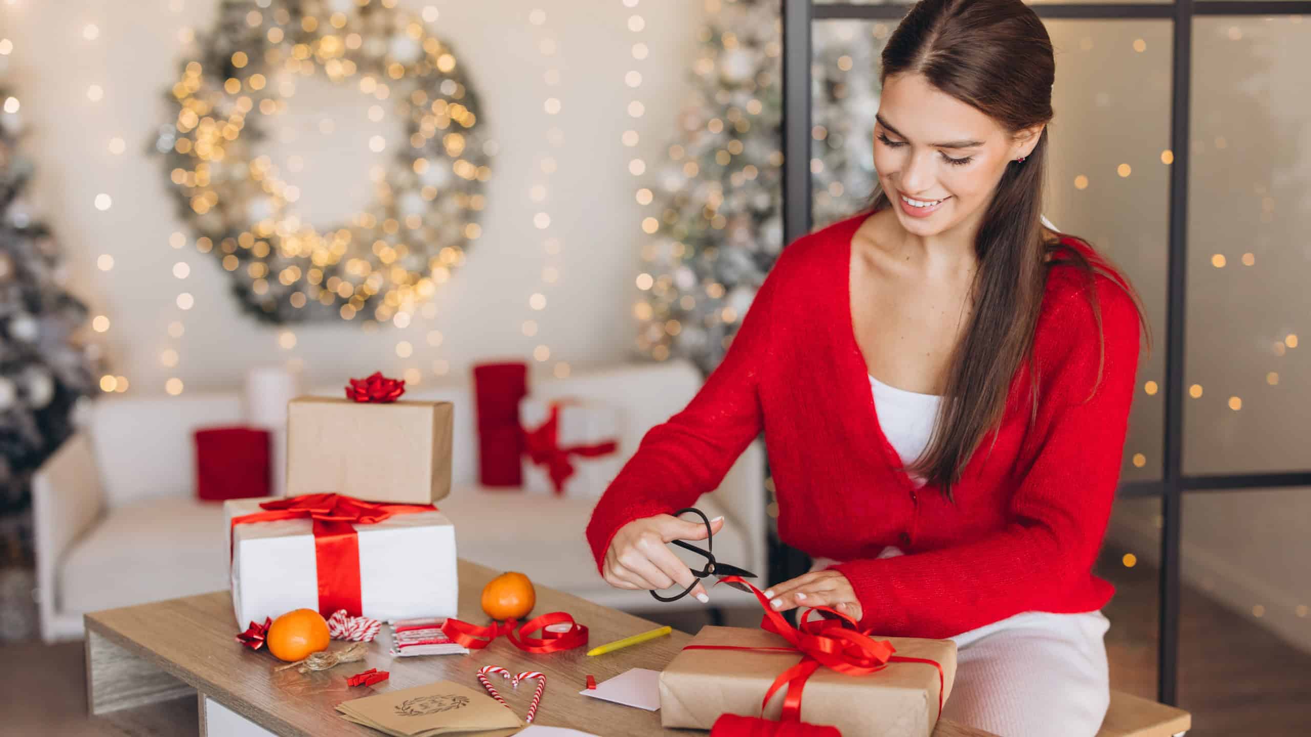 A cheerful woman in a red sweater wraps Christmas gifts with ribbons and decorations in a cozy, festive setting. The scene is adorned with lights, creating a warm holiday atmosphere.