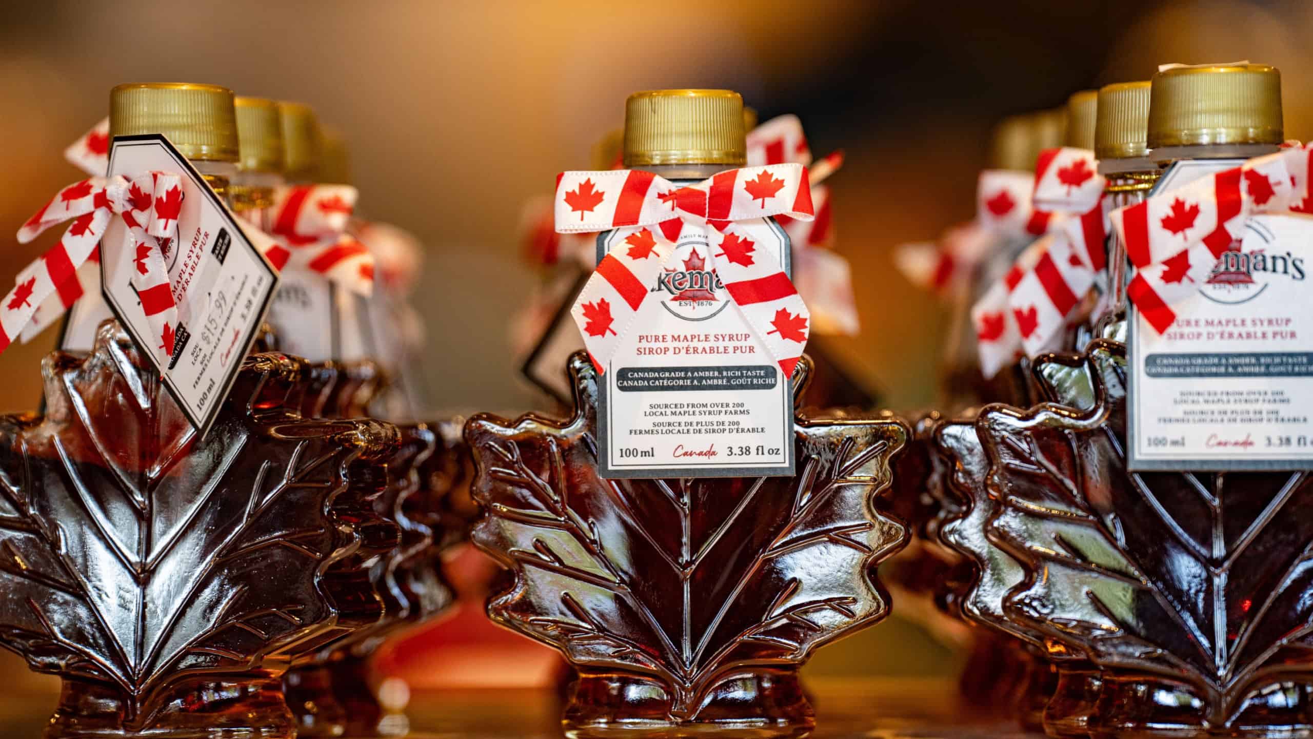 Maple syrup bottles at the Canadian gift shop. Niagara Falls, Canada - September 20, 2024.