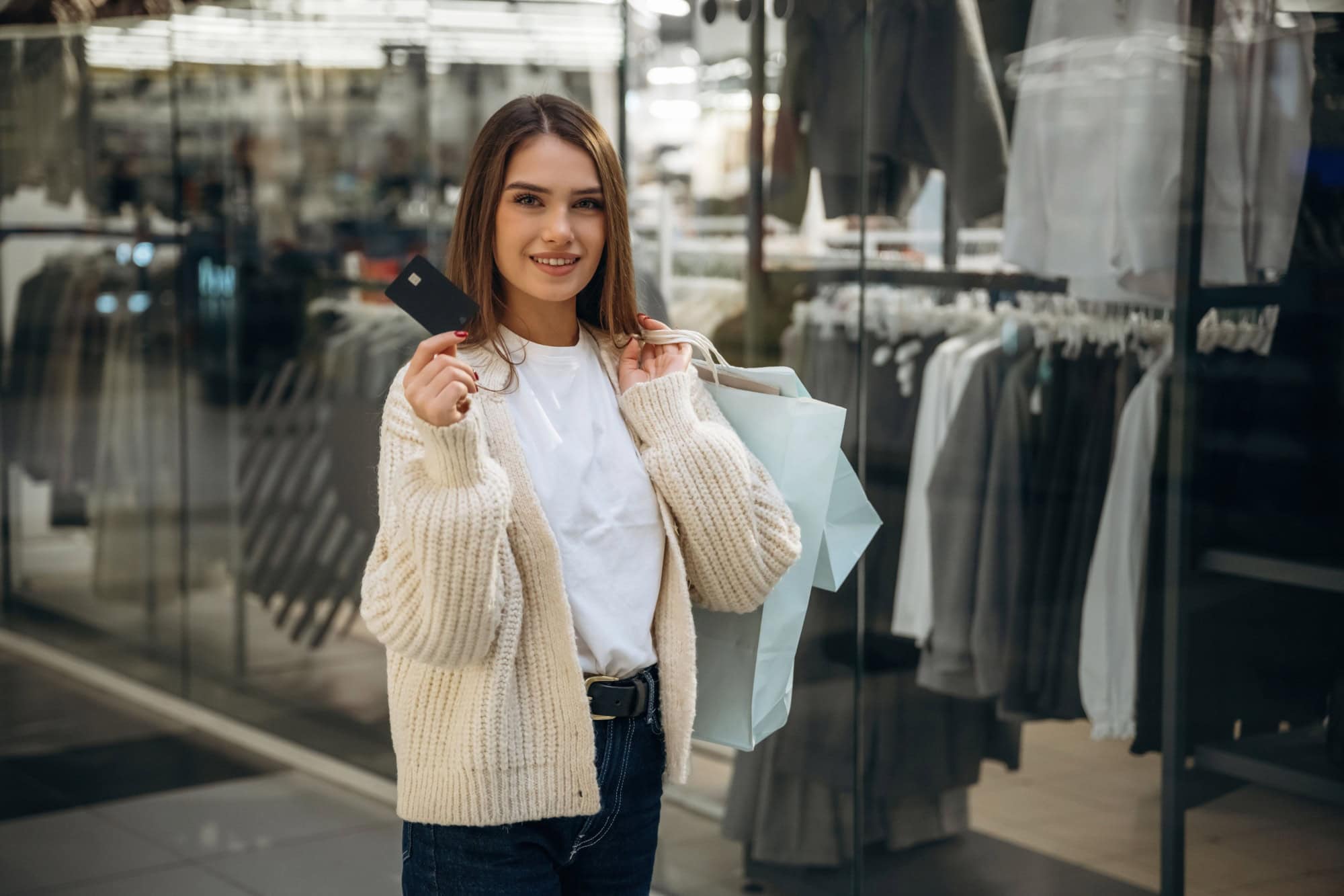 Holding credit card. Beautiful woman is in the mall, conception of shopping.