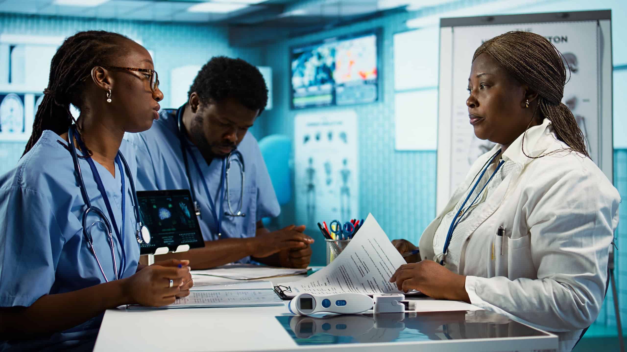 African american medical staff preparing before a consultation in an office, combining advanced technology tools with their expertise. Teamwork to deliver great healthcare services. Camera B.