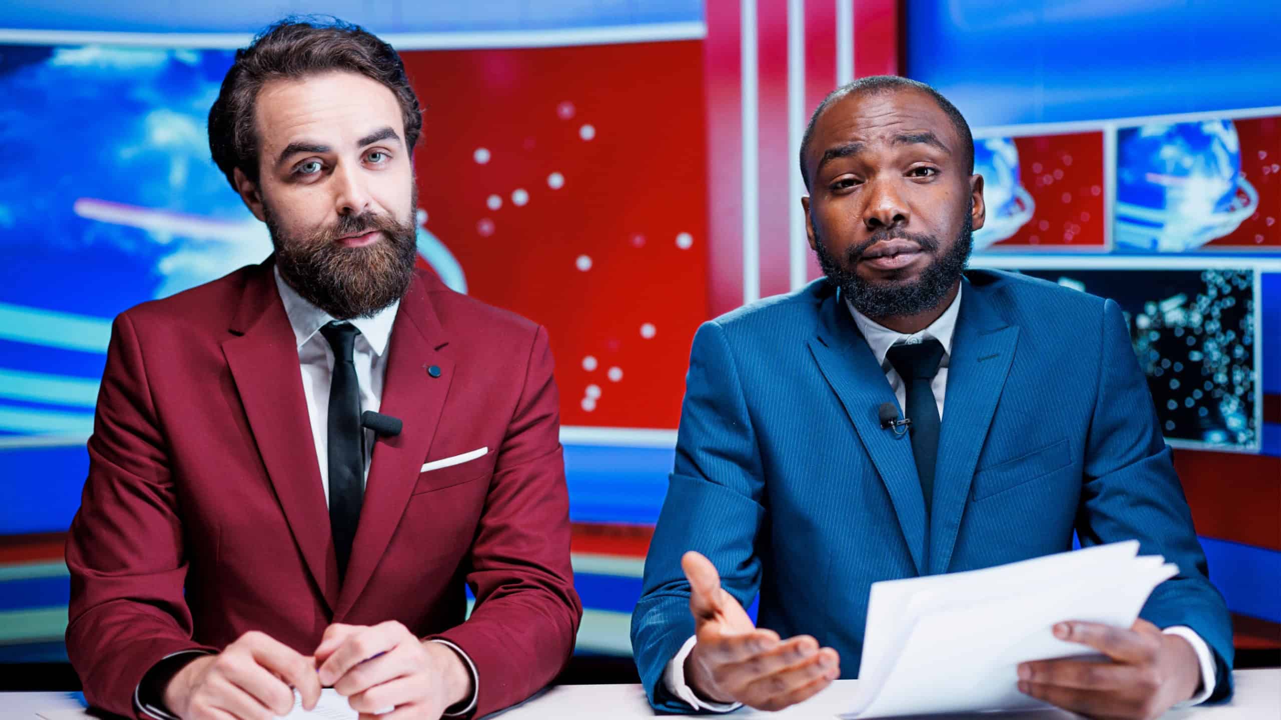 Morning show presenters on tv channel, presenting latest information about international events. Broadcasters team reporting live newscast with all important topics, television network.