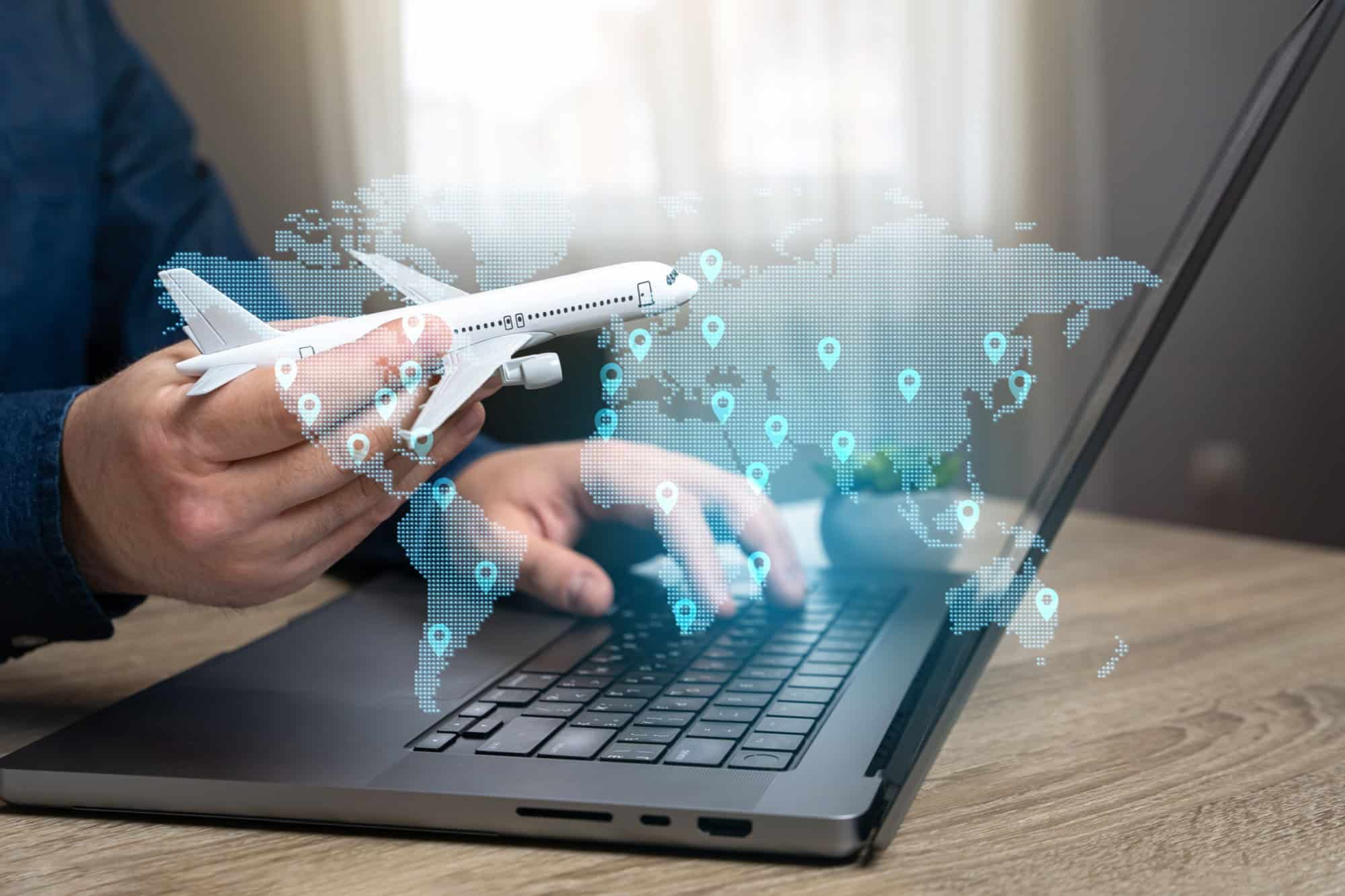 Man planning vacation and flights. Concept of air transport and travel. Buy plane tickets. Travel booking. Global destinations