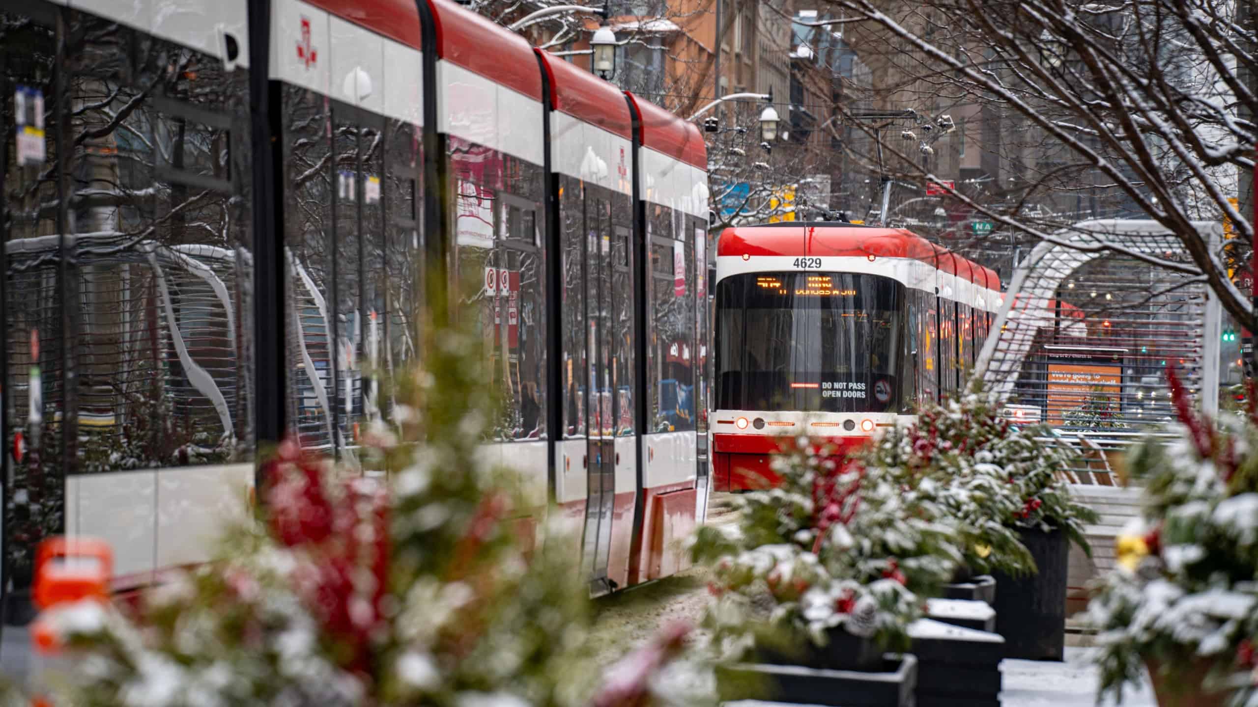 Winter view of a streetcar in downtown Toronto.