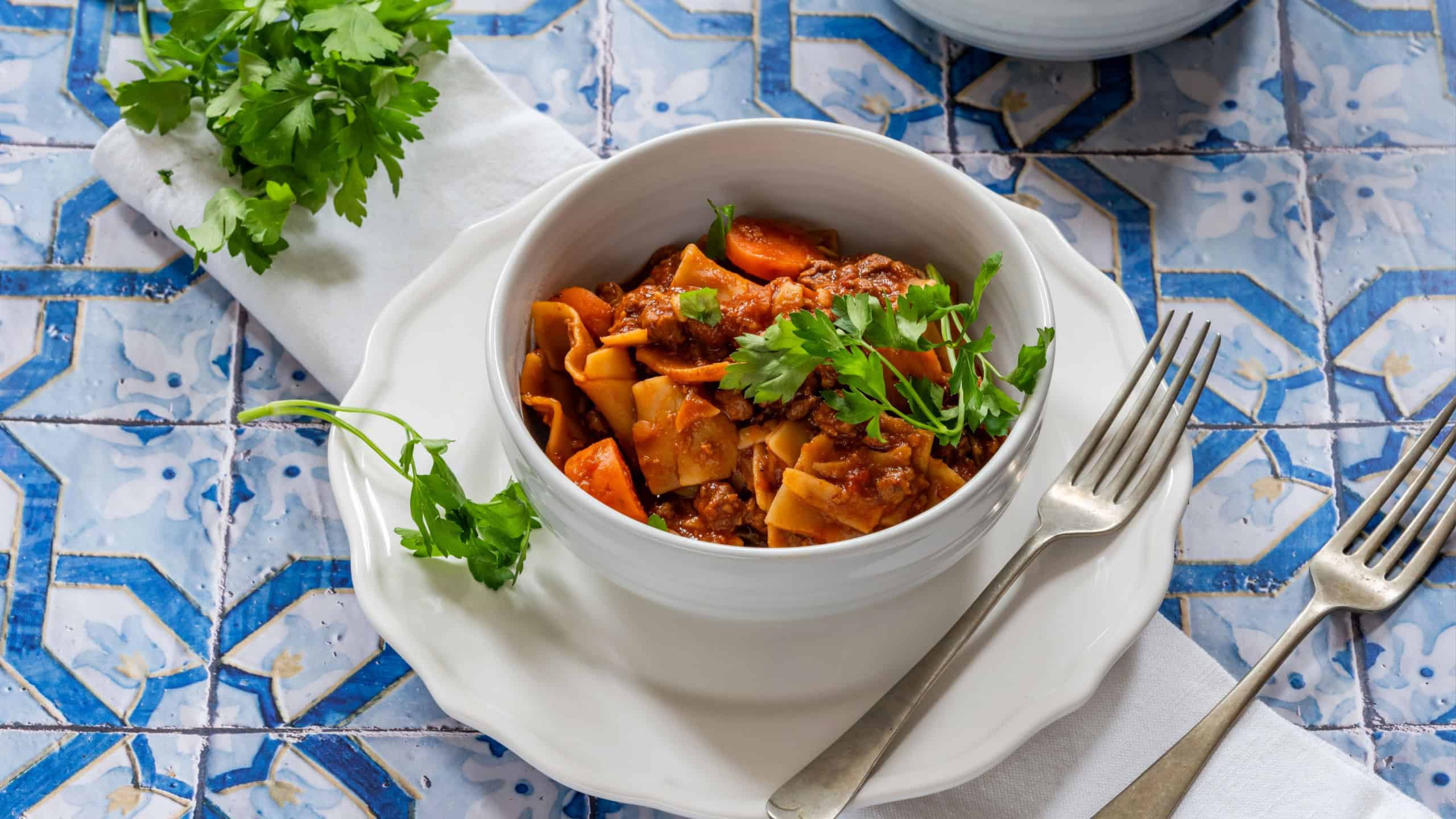 Vegetarian lasagne soup with meatless quorn mince