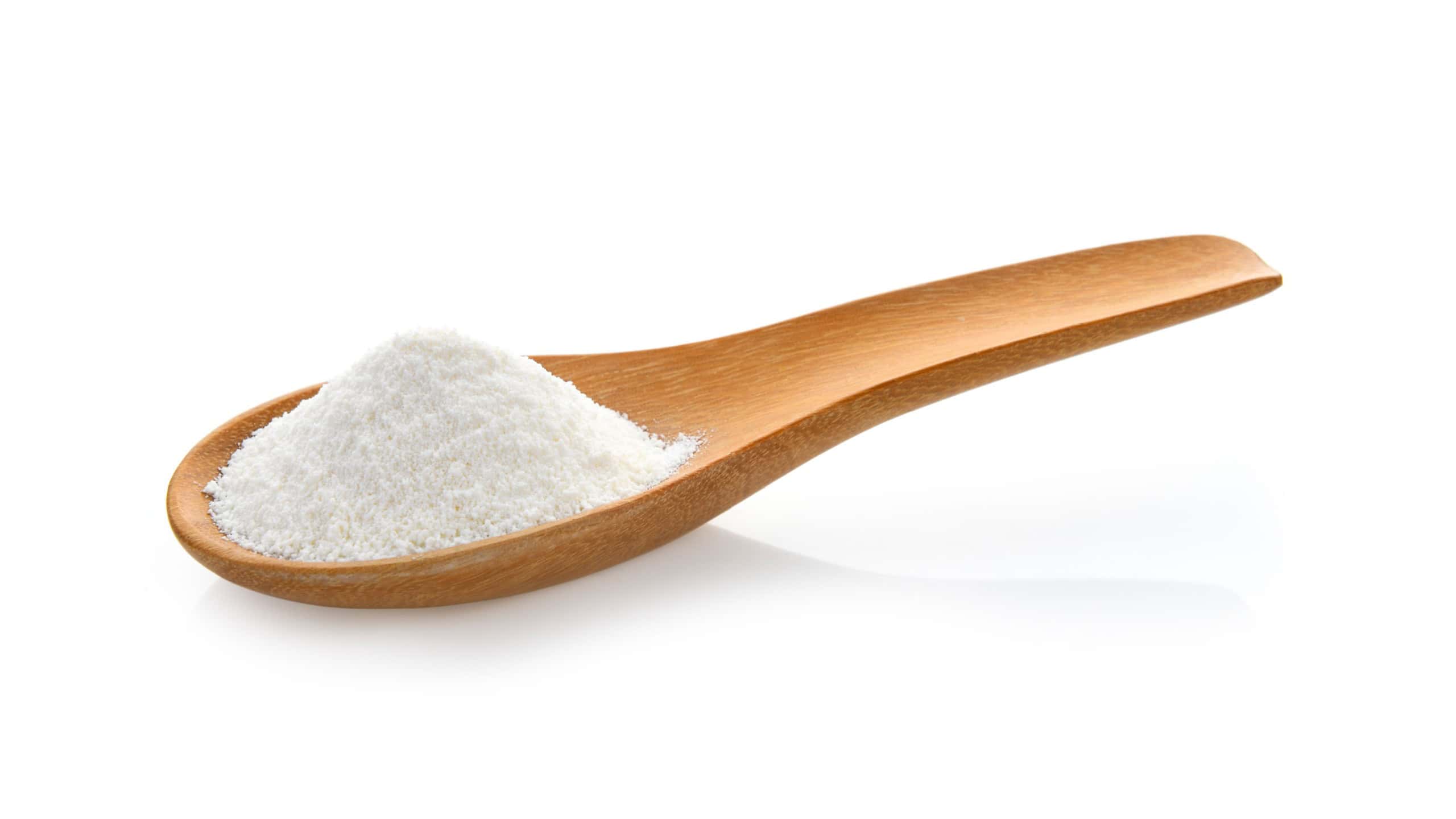 Creamer, Coffee whitener, Non-dairy creamer in wood spoon on white background