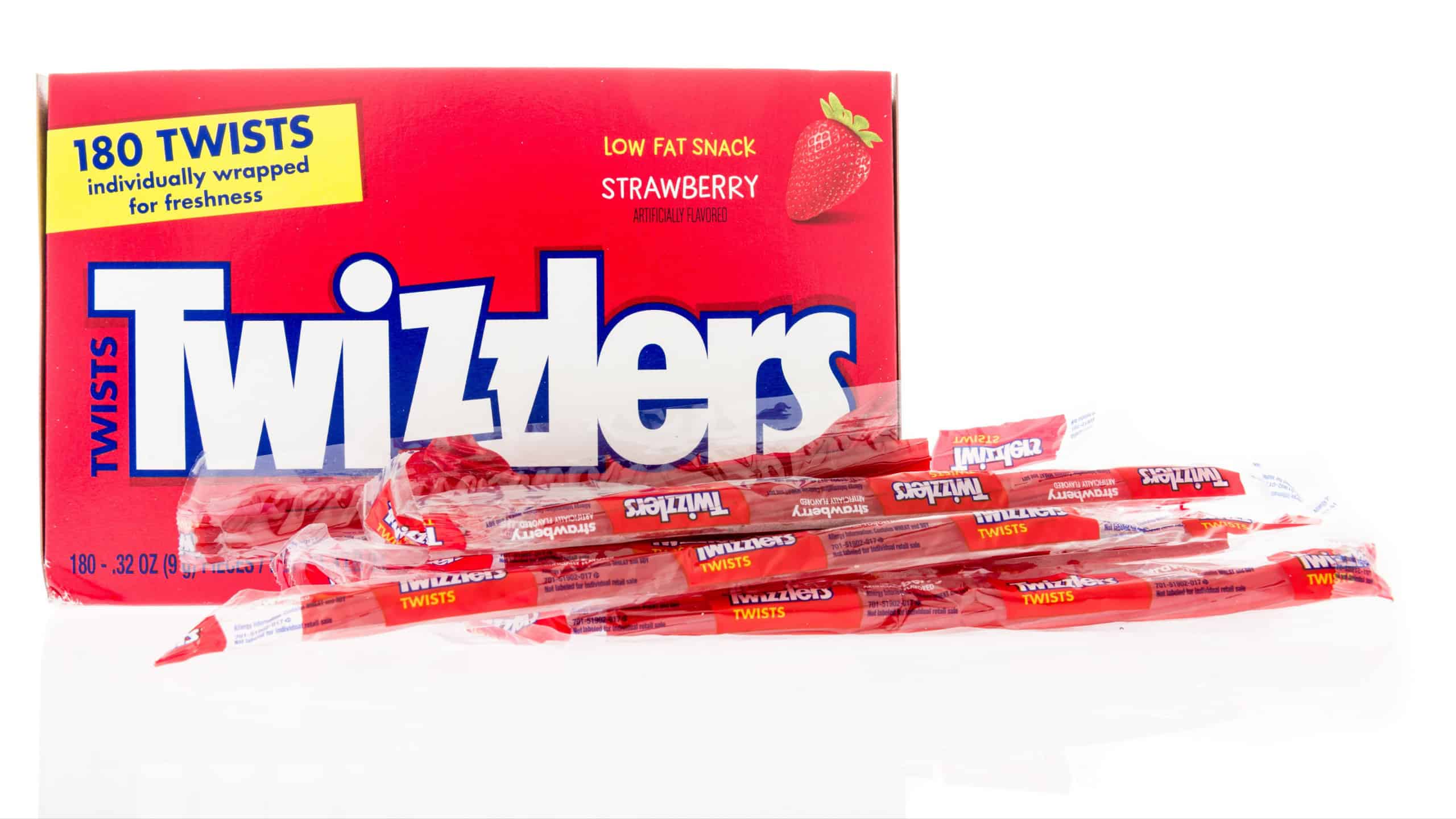 Winneconne, WI - 7 September 2018: A package of Twizzlers licorice in strawberry flavor on an isolated background