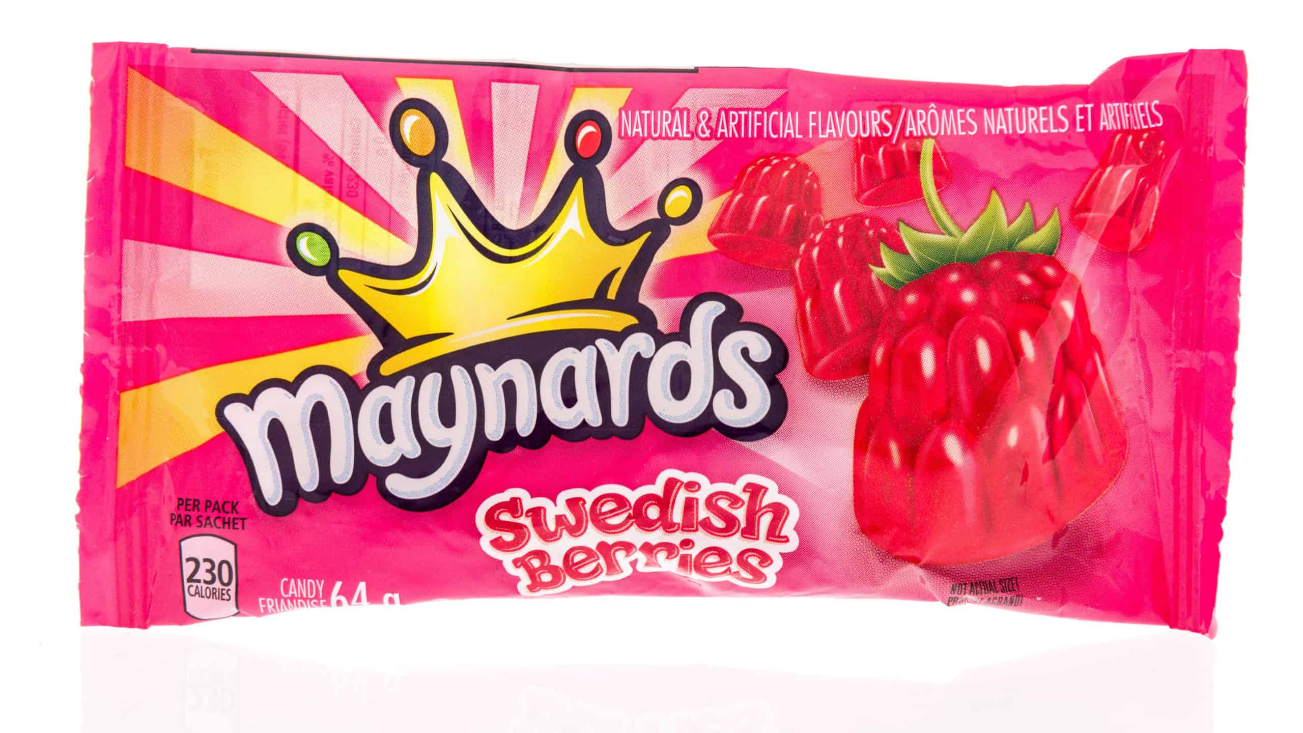 A package of Maynards swedish berries on an isolated background.