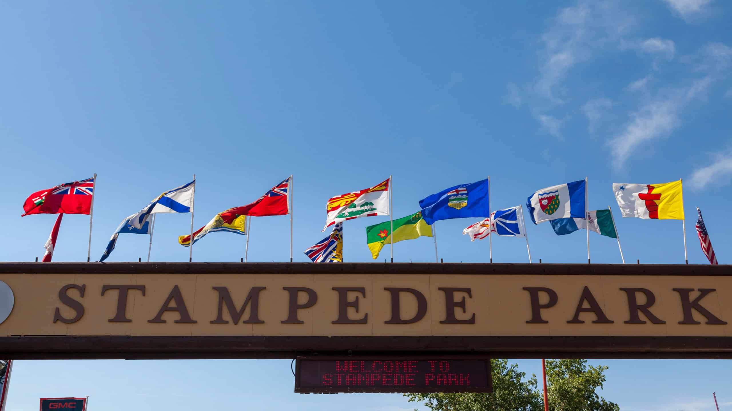 View of the entrance gate leading to the Calgary Stampede event