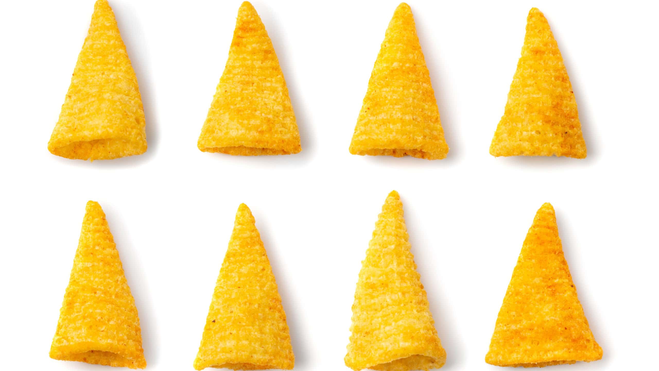 Single corn cone set isolated. Bugles chips collection, puffs with spices, crunchy puffed snacks, salty corn cones