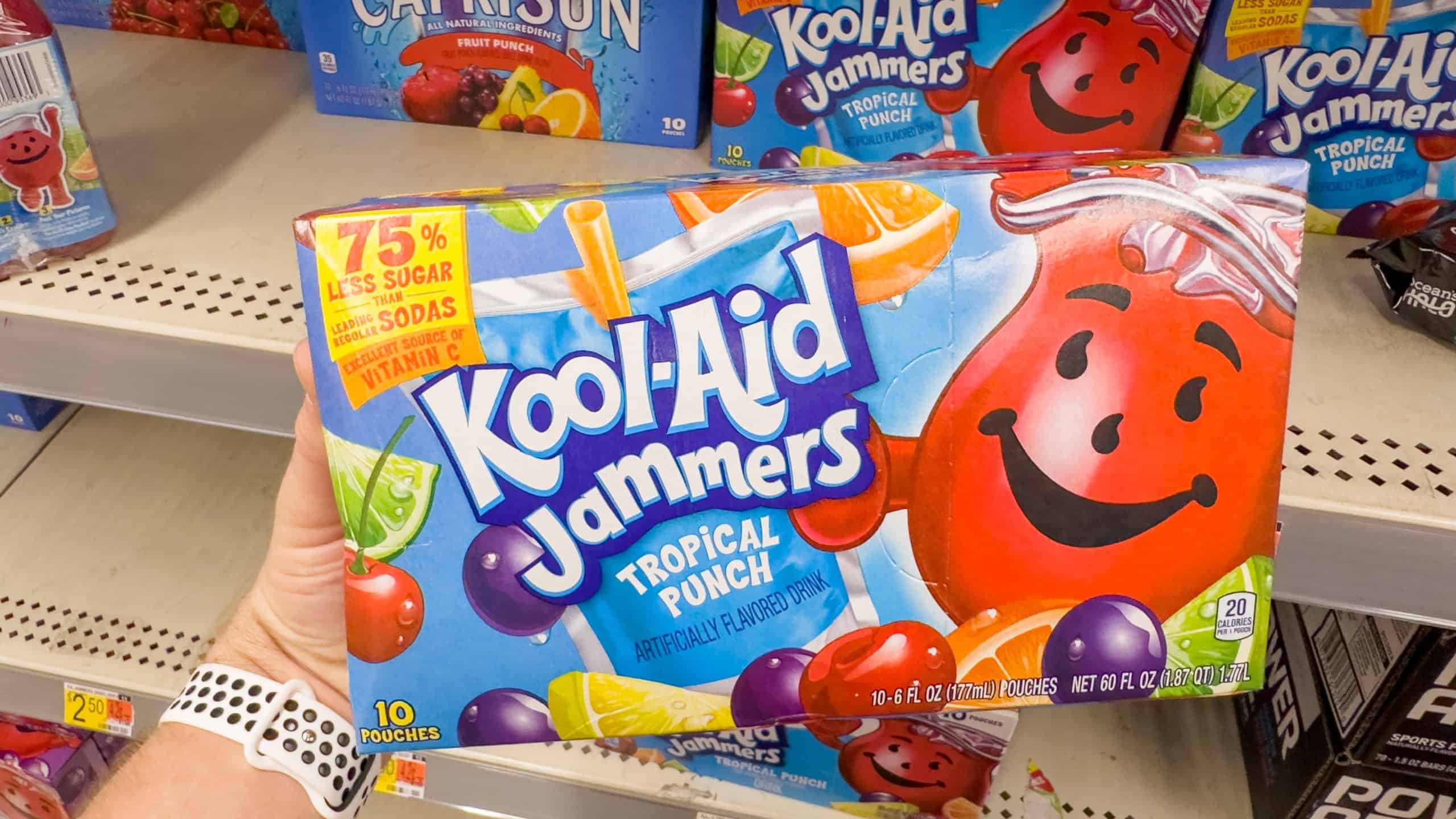 San Jose, CA - October 9, 2022: Pack of Kool Aid Jammers Tropical Punch flavored juice pouches.